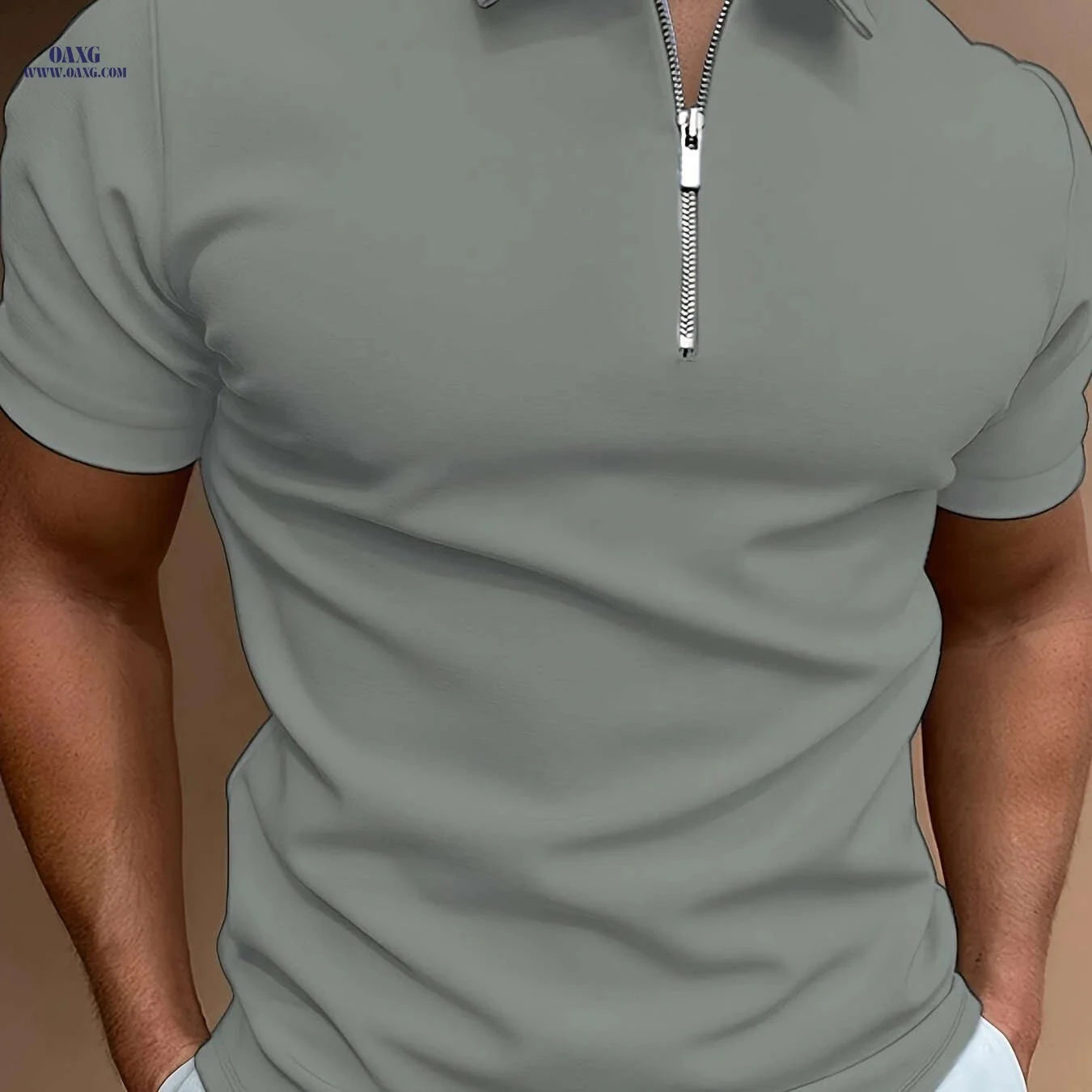 Men's Casual Solid Color Short Sleeve Shirt - Summer Zippered Top   OAXG White / FR S