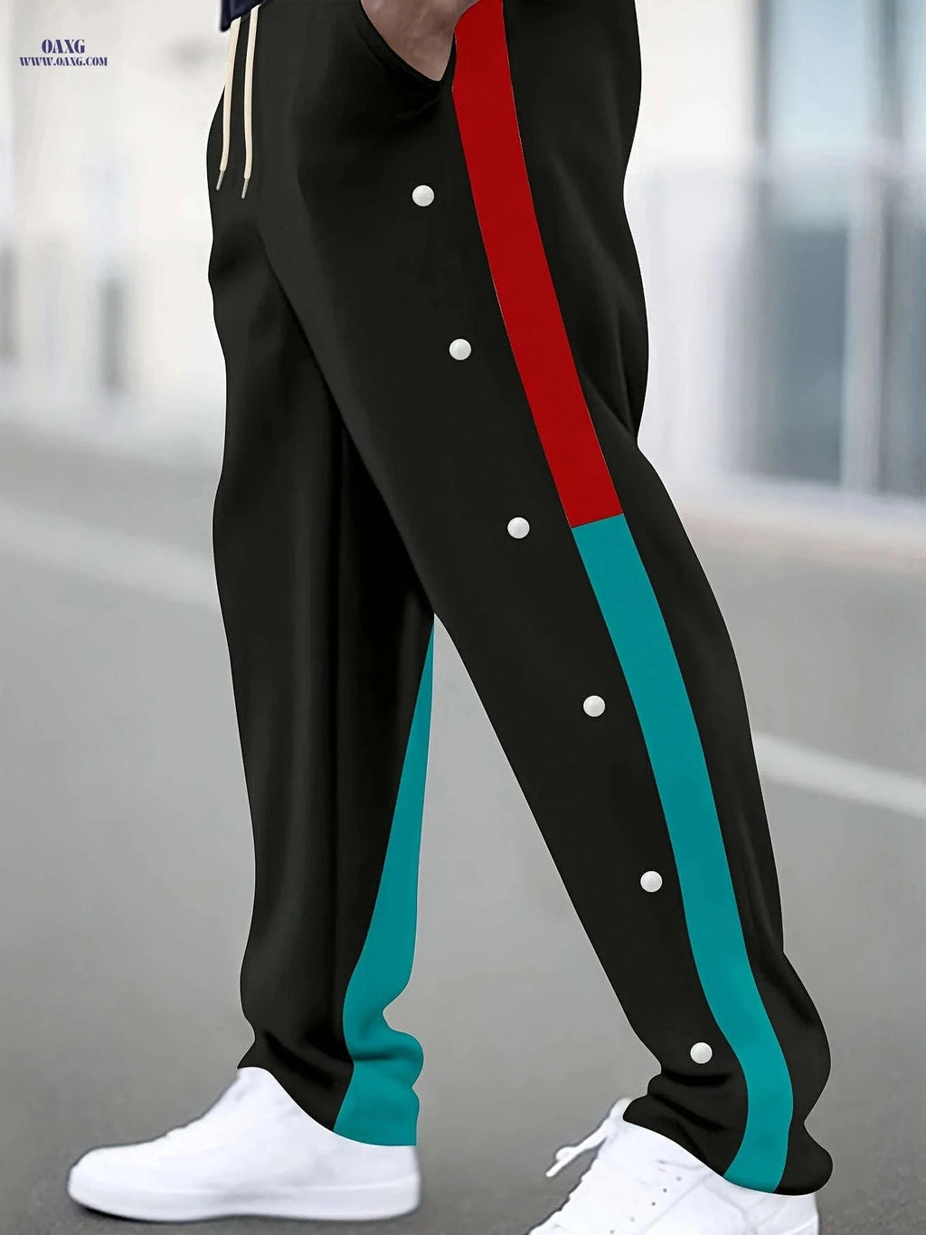 Men's Casual Spliced Straight-Leg Pants - Dual-Tone & Button Detail   OAXG 