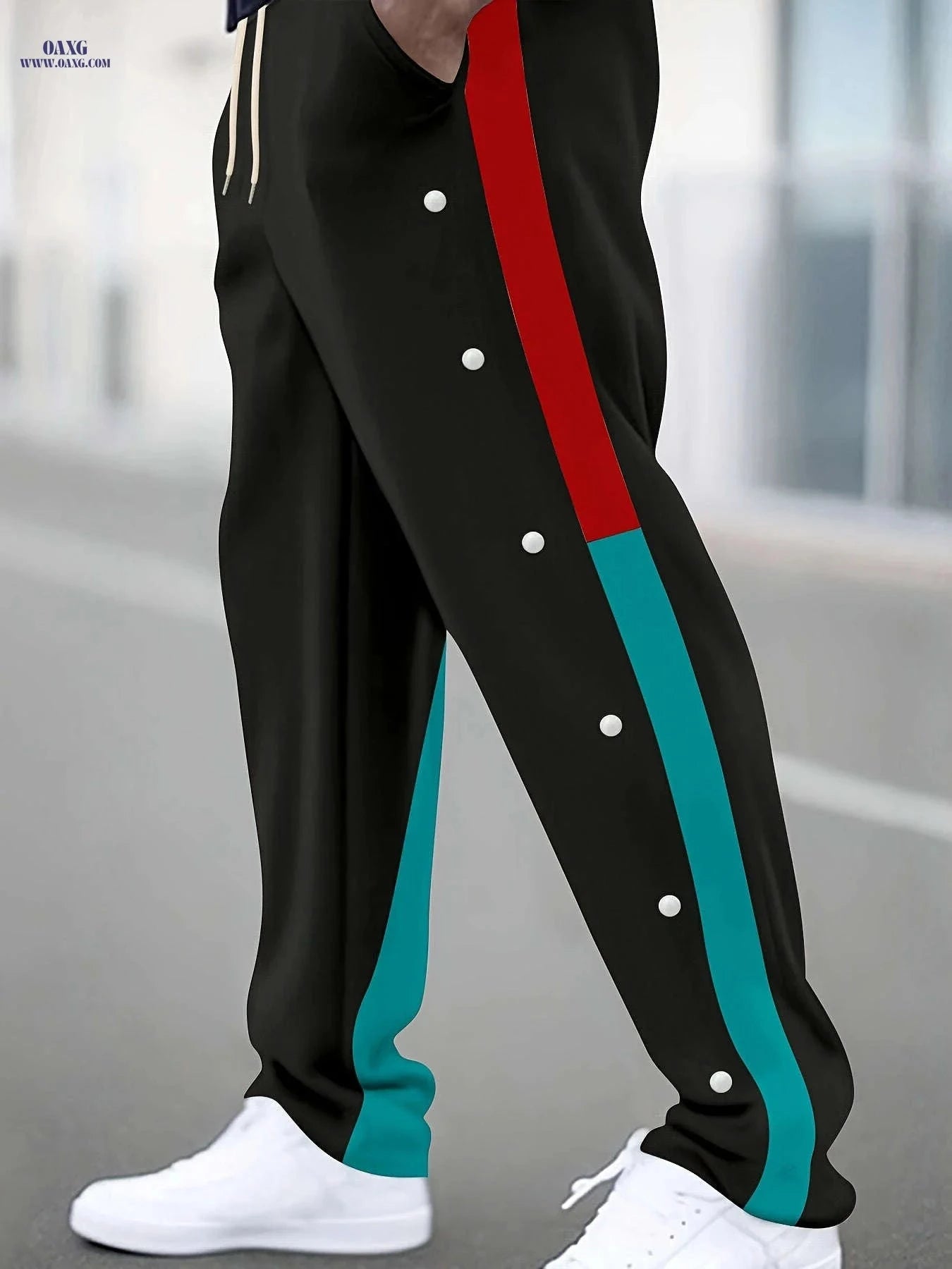 Men's Casual Spliced Straight-Leg Pants - Dual-Tone & Button Detail   OAXG 