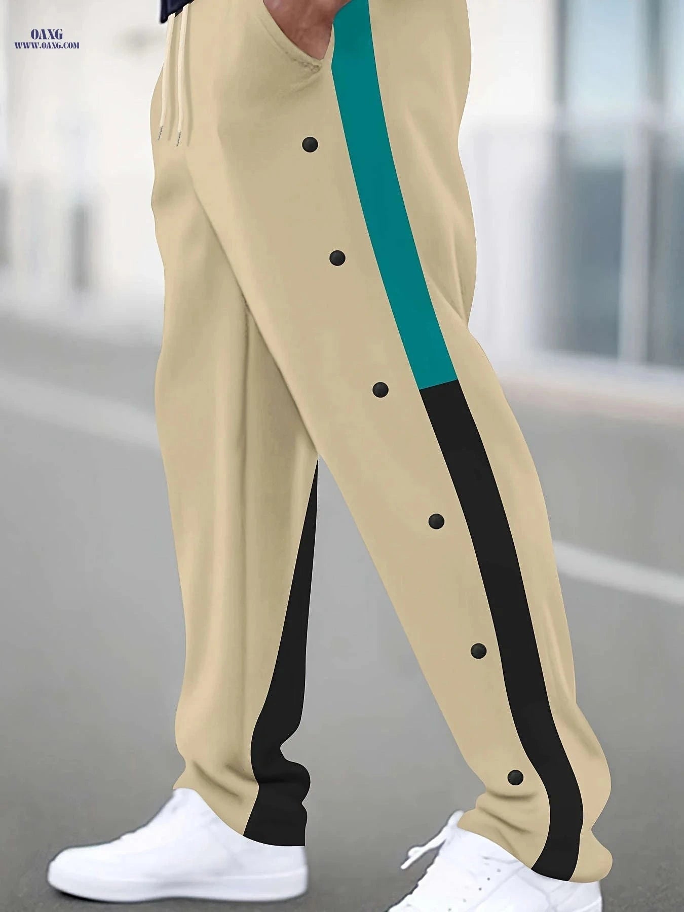 Men's Casual Spliced Straight-Leg Pants - Dual-Tone & Button Detail   OAXG 