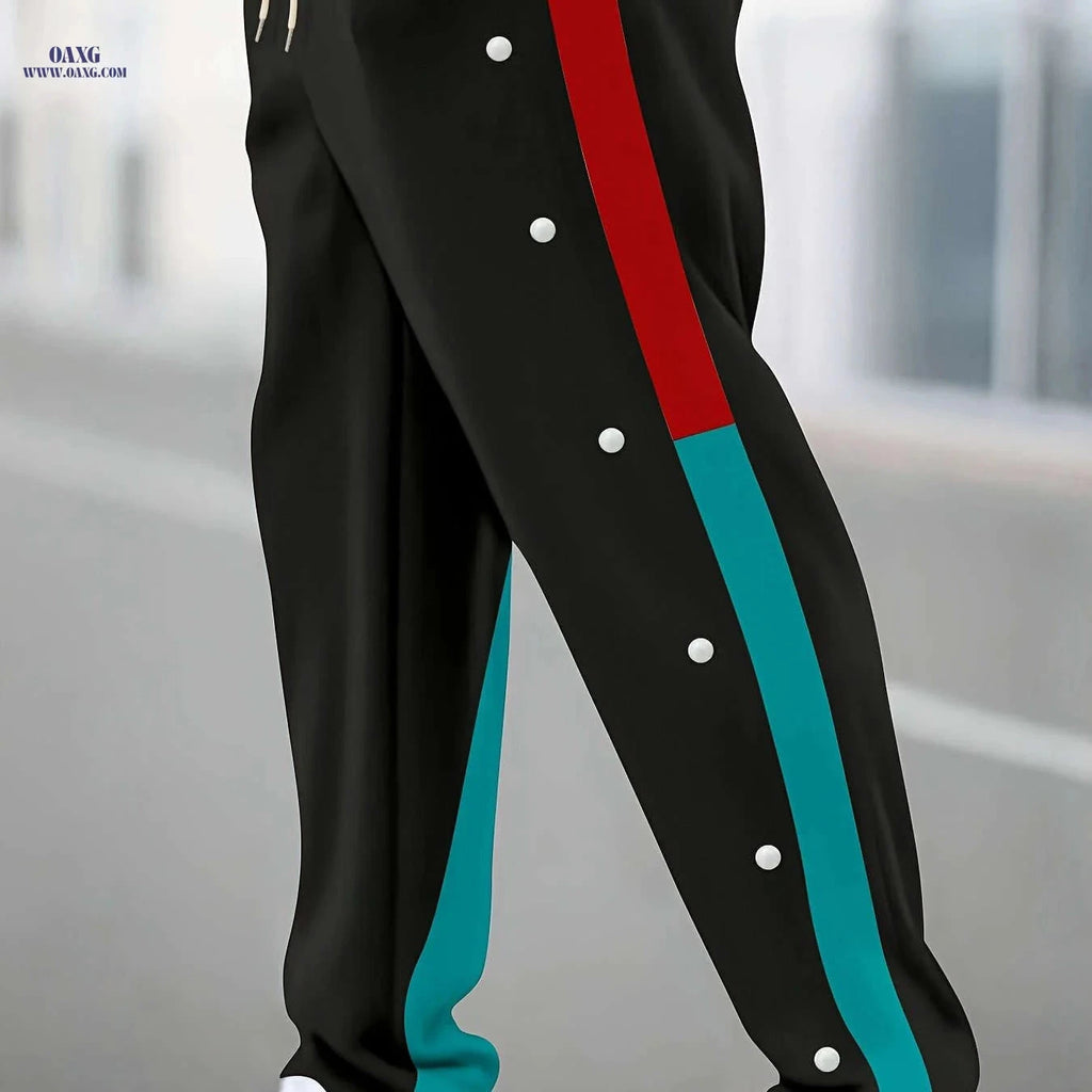 Men's Casual Spliced Straight-Leg Pants - Dual-Tone & Button Detail   OAXG Black / FR S