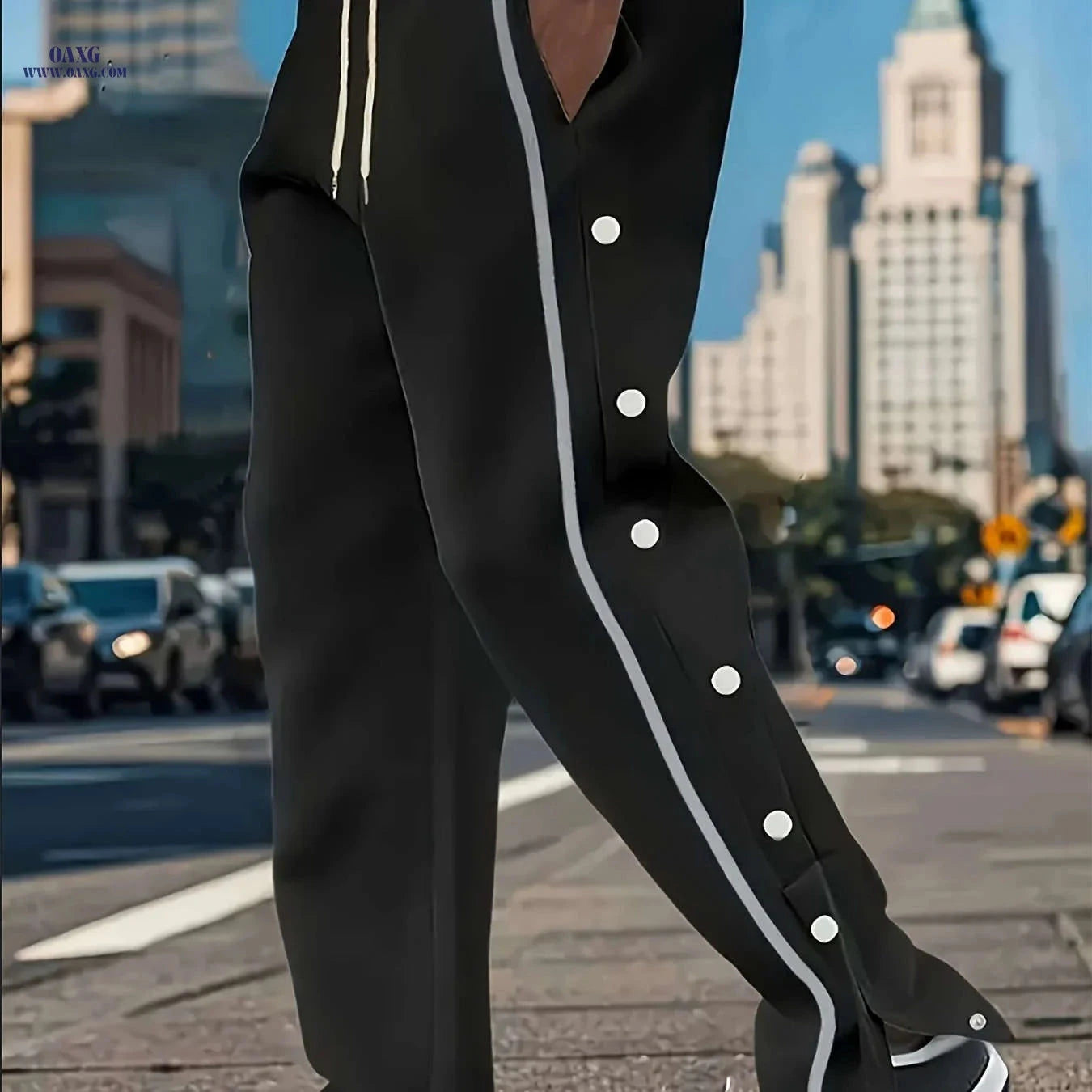 Men's Casual Sports Pants - Loose Fit with Side Slits, All-Season   OAXG Black / FR S
