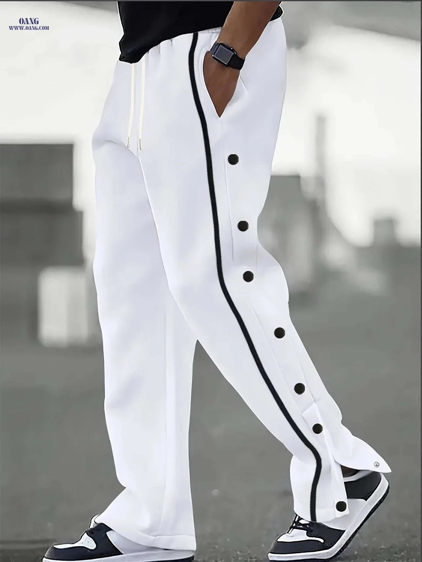 Men's Casual Sports Pants - Loose Fit with Side Slits, All-Season   OAXG Black / FR S