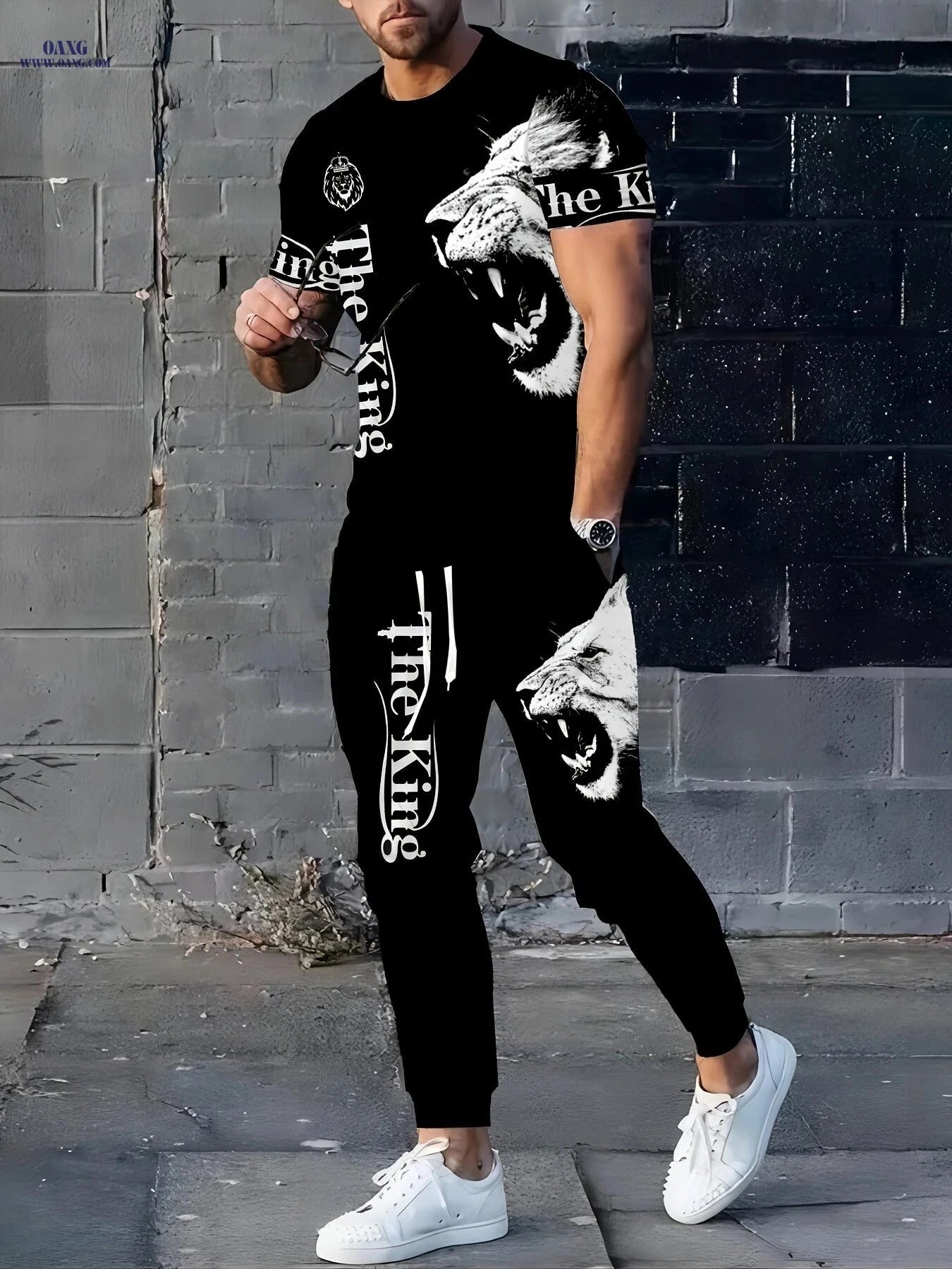 Men's Casual Sports Set - Lion Print Round-Neck & Long Pants   OAXG CT85 / FR S