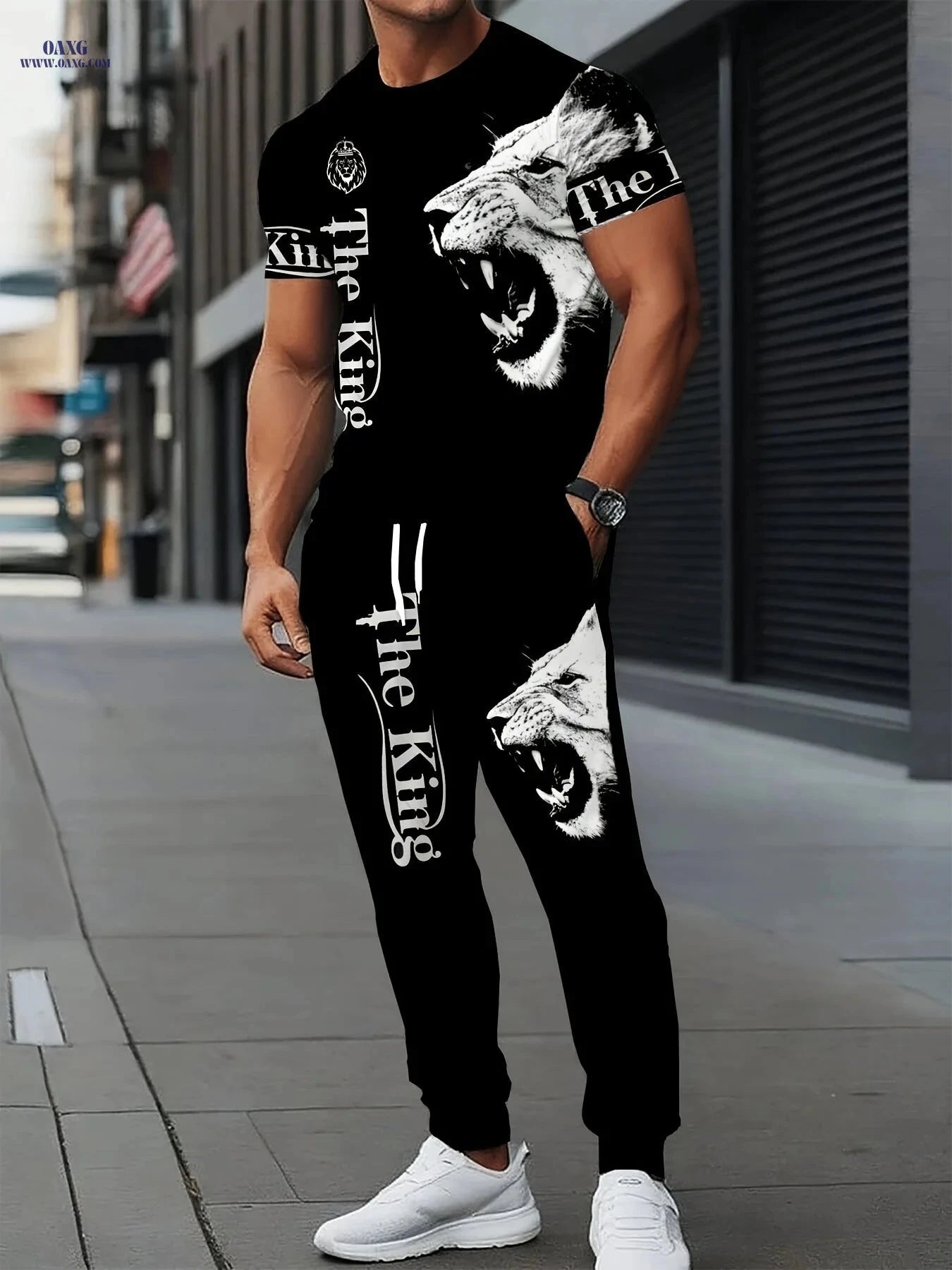 Men's Casual Sports Set - Lion Print Round-Neck & Long Pants   OAXG CT85 / FR S