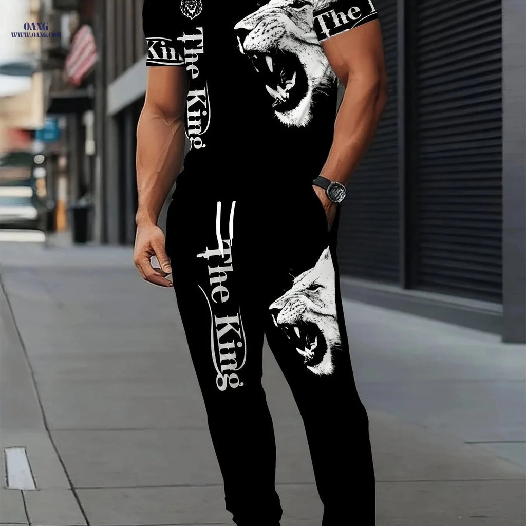 Men's Casual Sports Set - Lion Print Round-Neck & Long Pants   OAXG CT85 / FR S