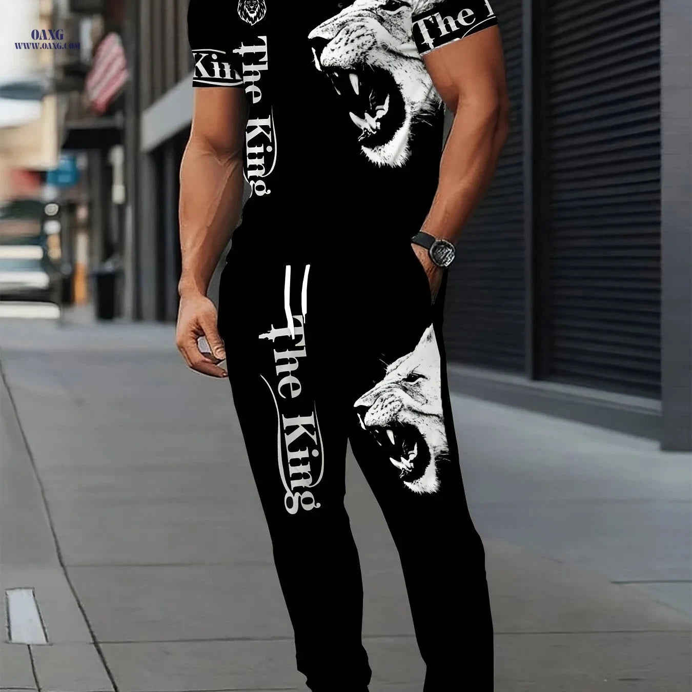 Men's Casual Sports Set - Lion Print Round-Neck & Long Pants   OAXG CT85 / FR S