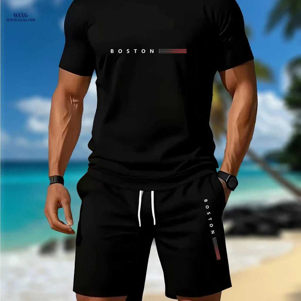 Men's Casual Sportswear Set - 2pcs T-Shirt & Shorts, Summer Style   OAXG Black / FR S