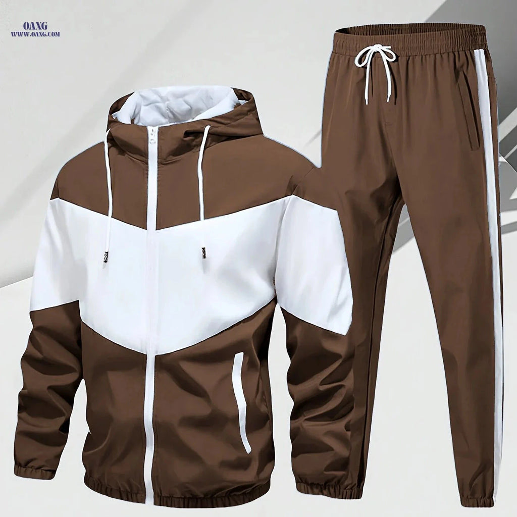 Men’s Casual Sportswear Set - Hooded Zip-Up Jacket & Joggers   OAXG 