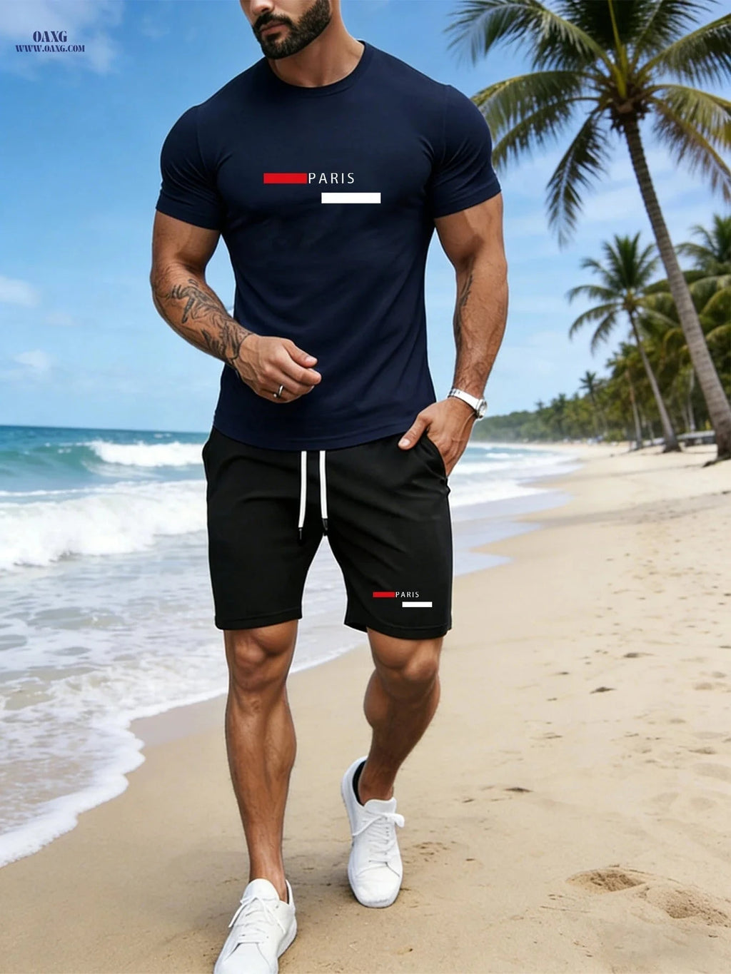 Men's Casual Sportswear Set - Printed T-Shirt & Shorts for Summer   OAXG 