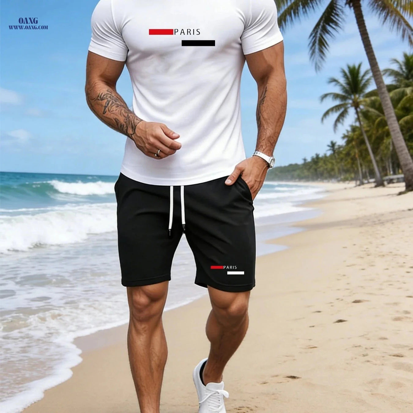 Men's Casual Sportswear Set - Printed T-Shirt & Shorts for Summer   OAXG 