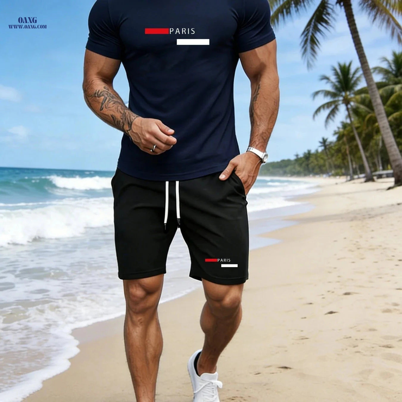 Men's Casual Sportswear Set - Printed T-Shirt & Shorts for Summer   OAXG 