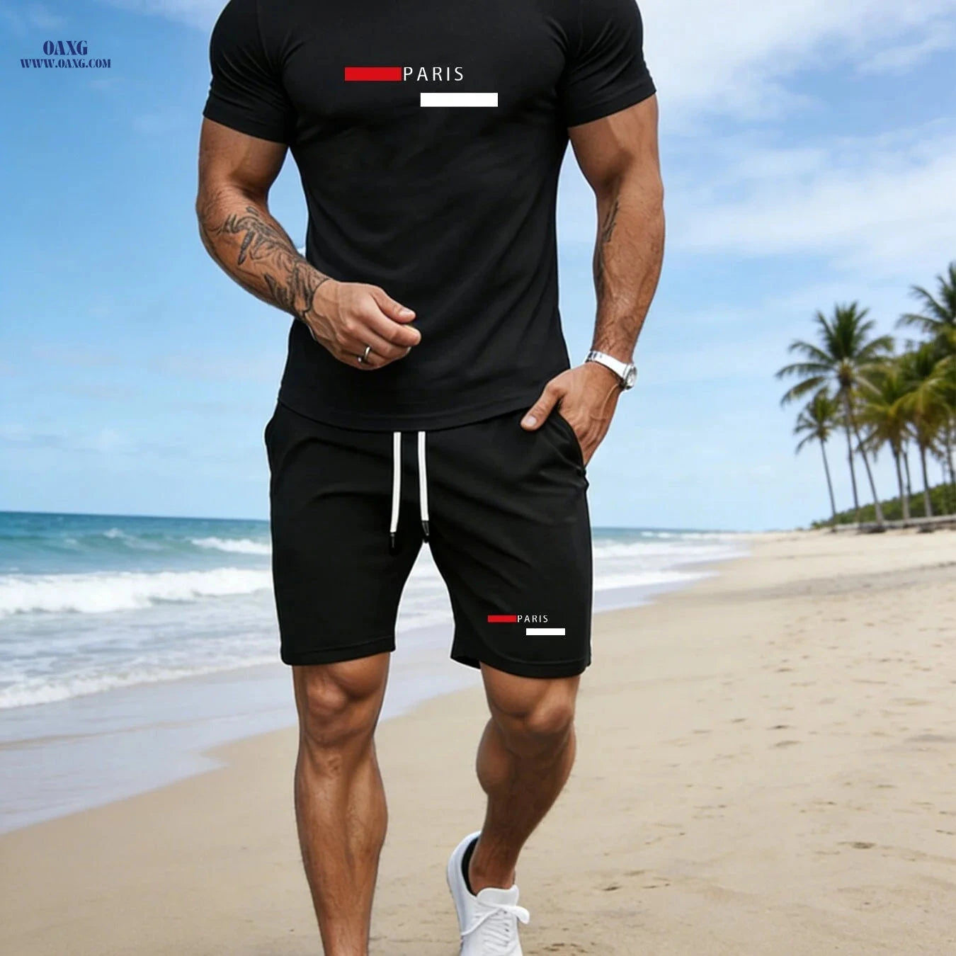 Men's Casual Sportswear Set - Printed T-Shirt & Shorts for Summer   OAXG 