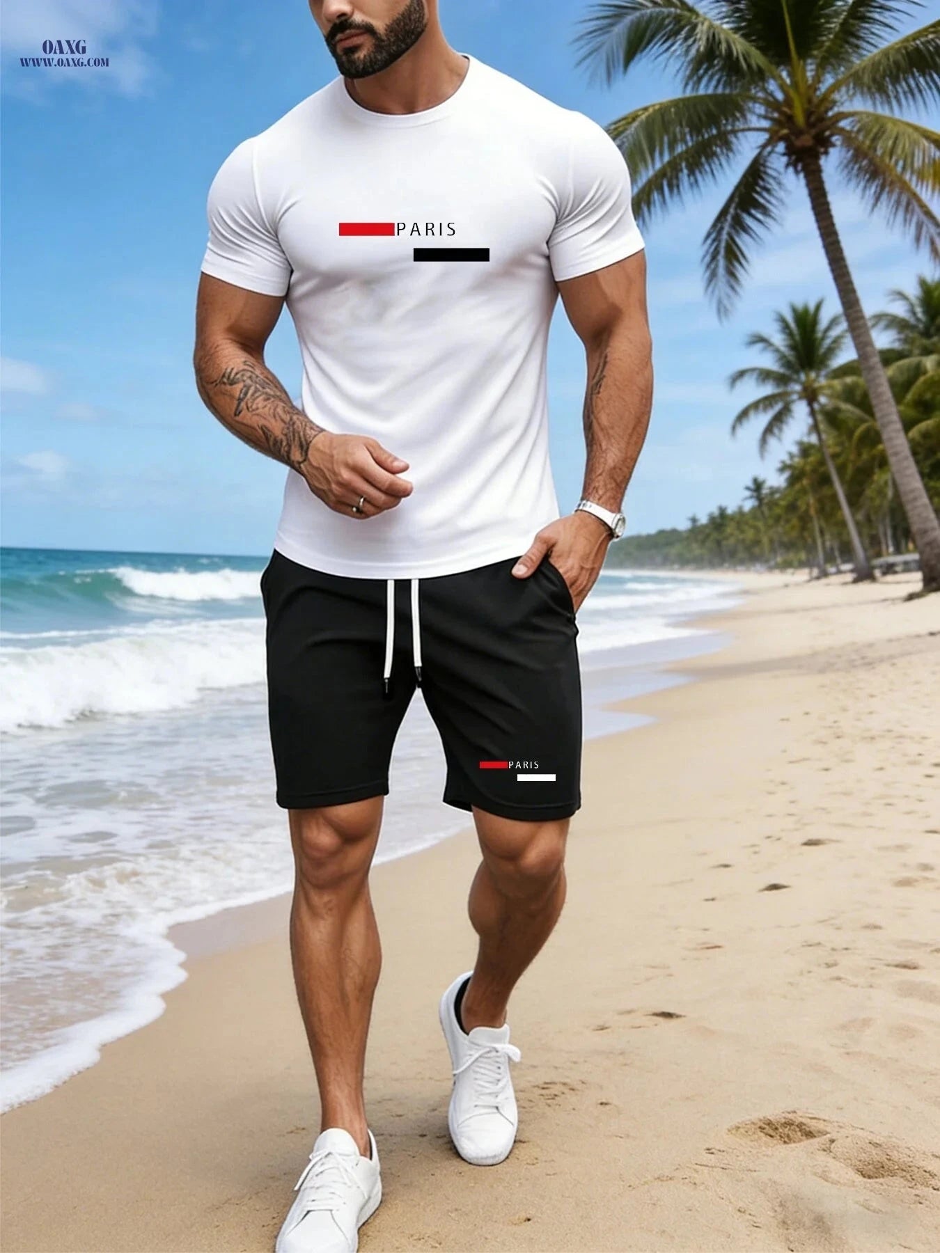 Men's Casual Sportswear Set - Printed T-Shirt & Shorts for Summer   OAXG 