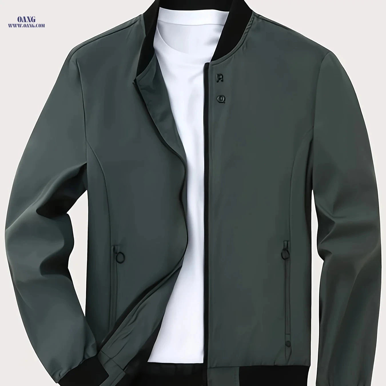 Men's Casual Stand Collar Jacket - Solid Color, Regular Fit   OAXG Army Green / FR XS