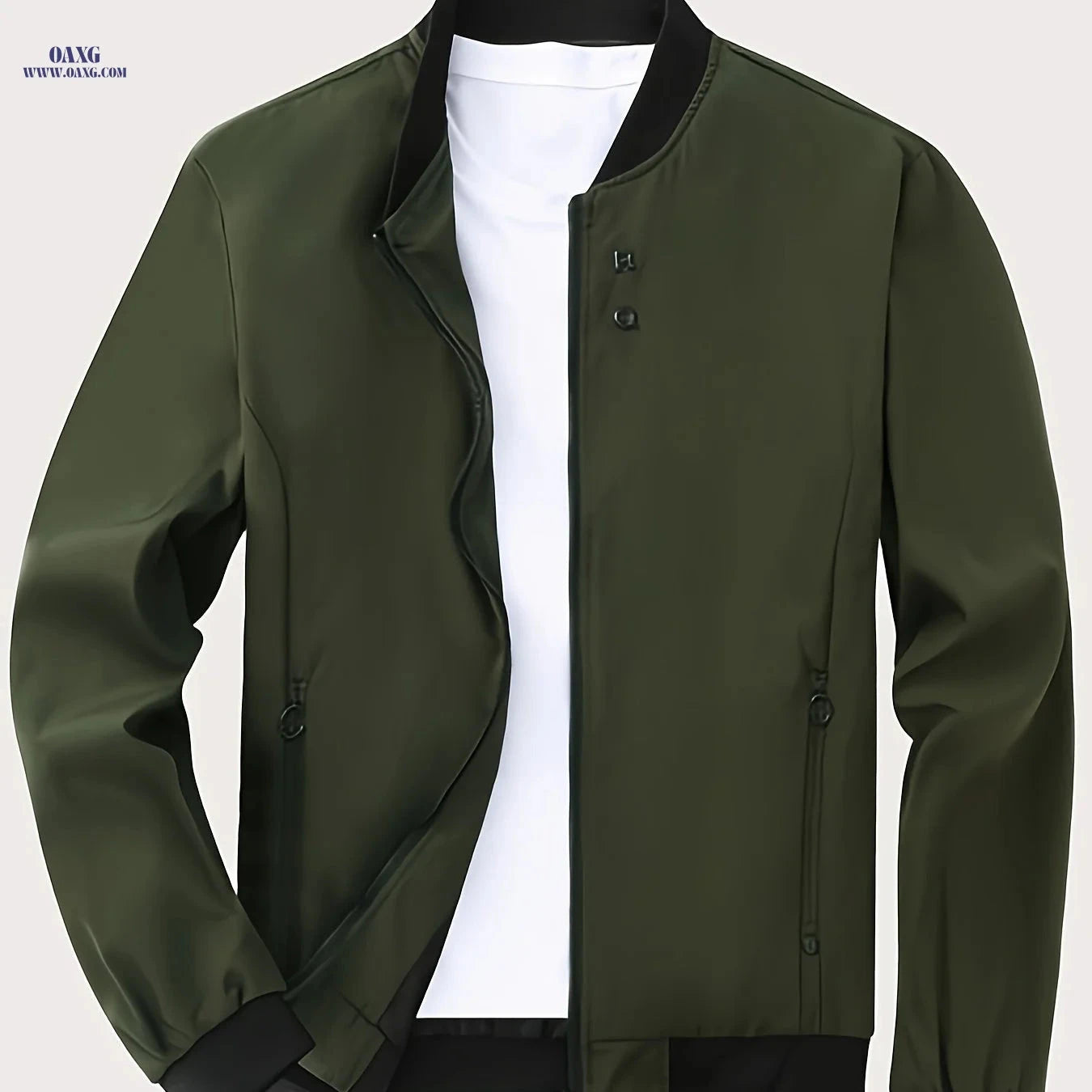 Men's Casual Stand Collar Jacket - Solid Color, Regular Fit   OAXG Army Green / FR XS