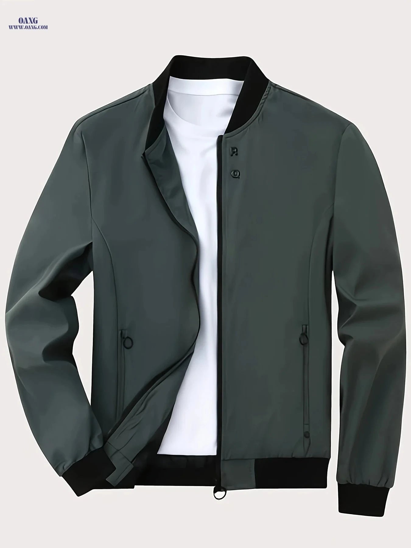 Men's Casual Stand Collar Jacket - Solid Color, Regular Fit   OAXG Army Green / FR XS