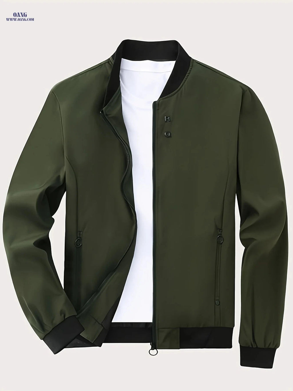 Men's Casual Stand Collar Jacket - Solid Color, Regular Fit   OAXG 