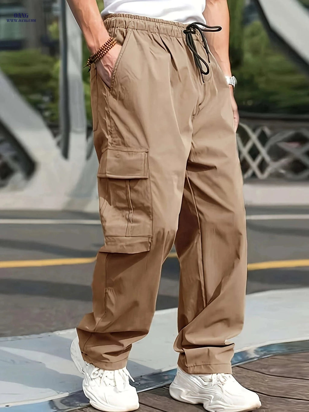Men's Casual Straight-Leg Pants with Drawstring - Multiple Pockets   OAXG Grey / FR M