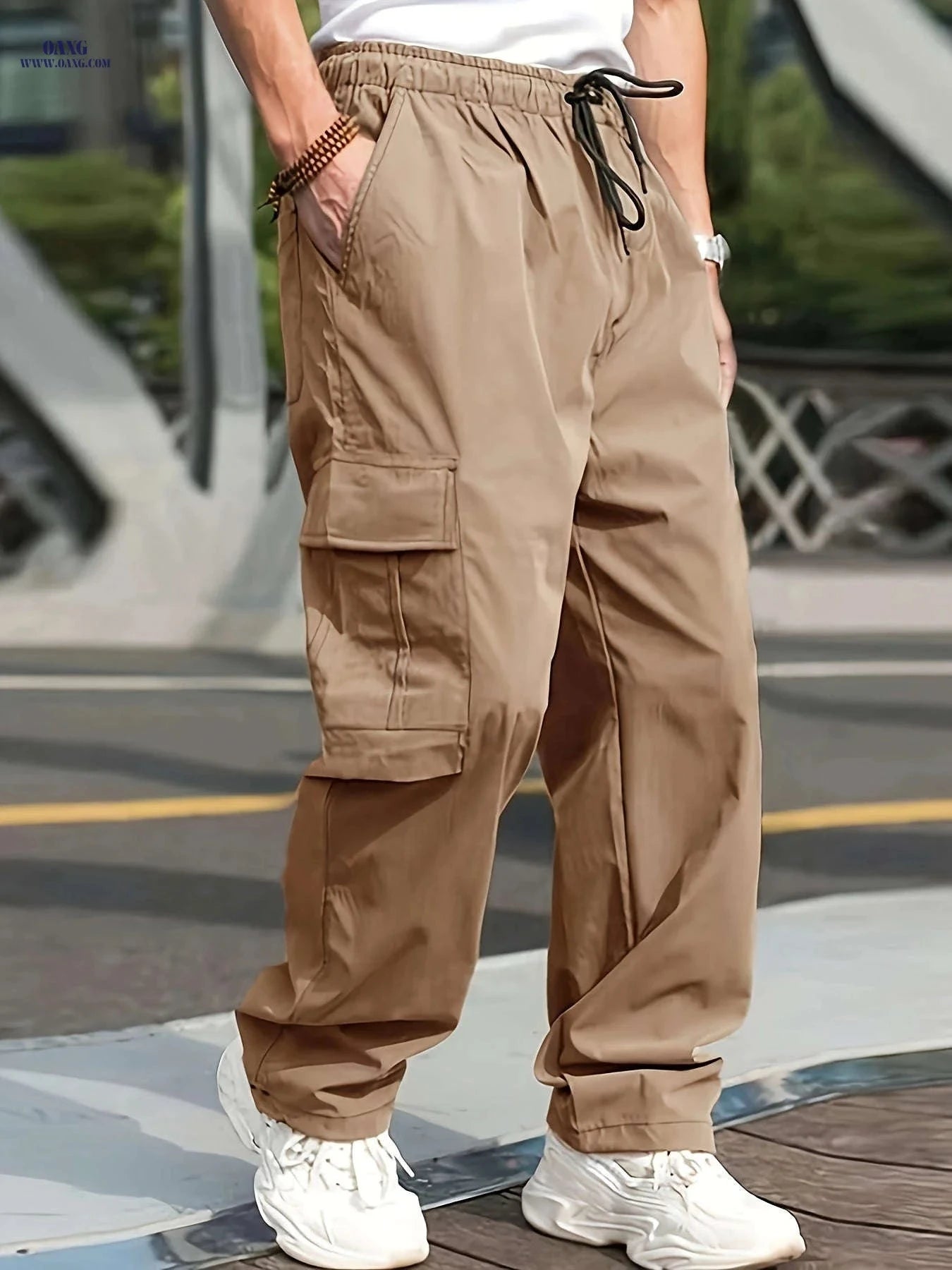 Men's Casual Straight-Leg Pants with Drawstring - Multiple Pockets   OAXG Grey / FR M
