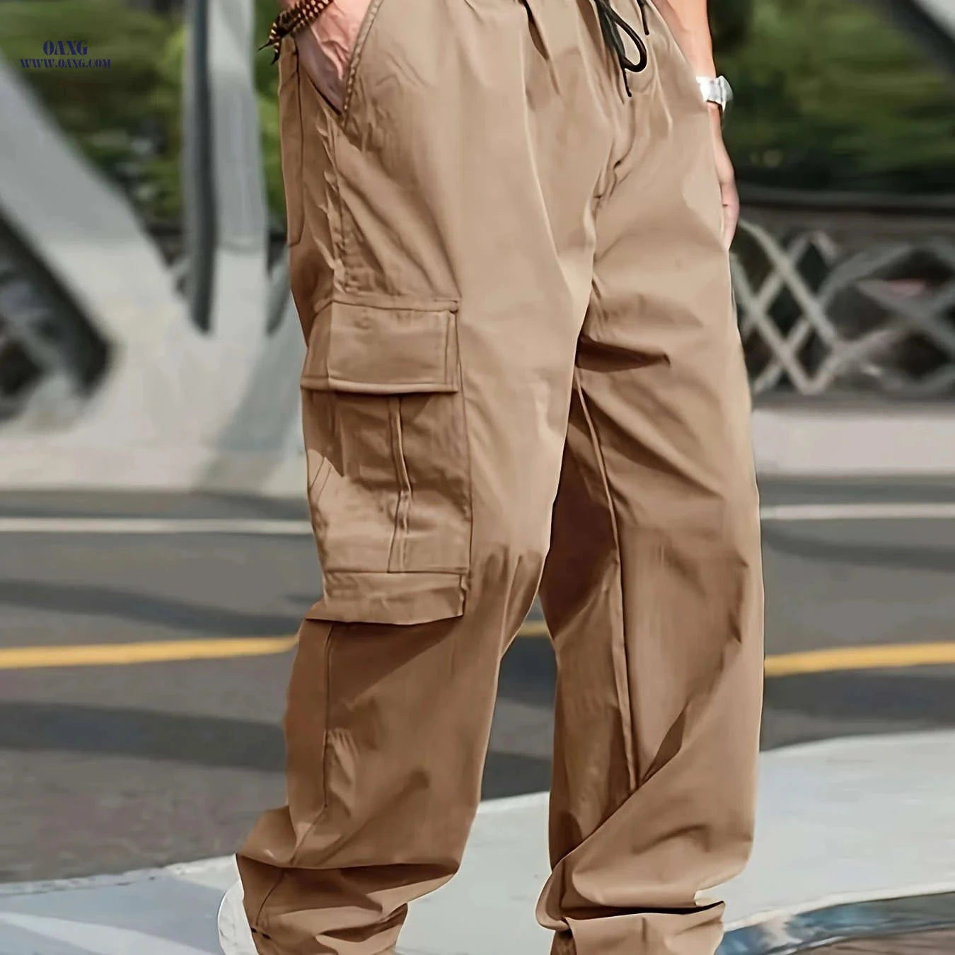 Men's Casual Straight-Leg Pants with Drawstring - Multiple Pockets   OAXG Grey / FR M