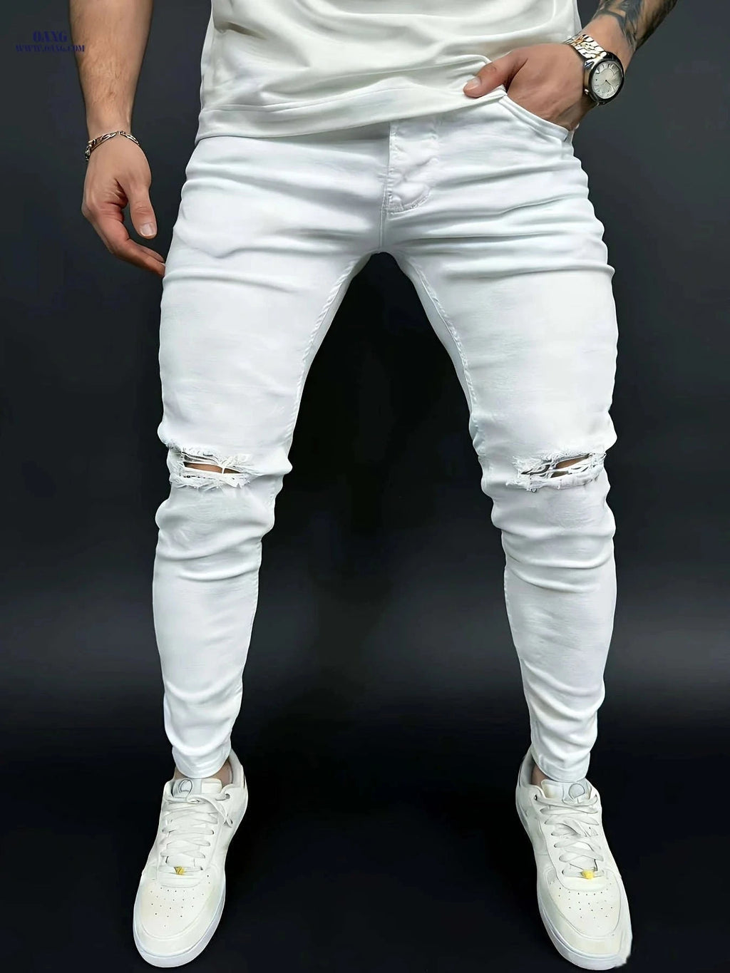 Men's Casual Stretch Slim-Fit White Jeans - All-Season Comfort Fit   OAXG 
