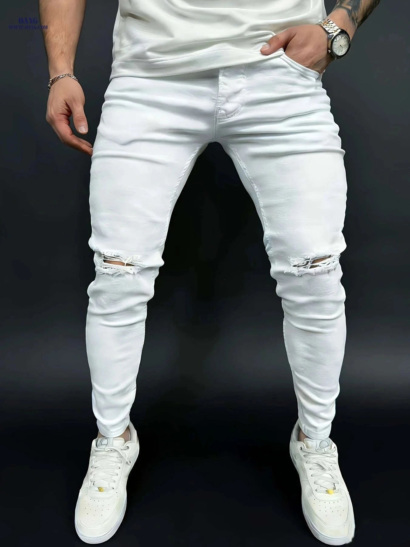 Men's Casual Stretch Slim-Fit White Jeans - All-Season Comfort Fit   OAXG 