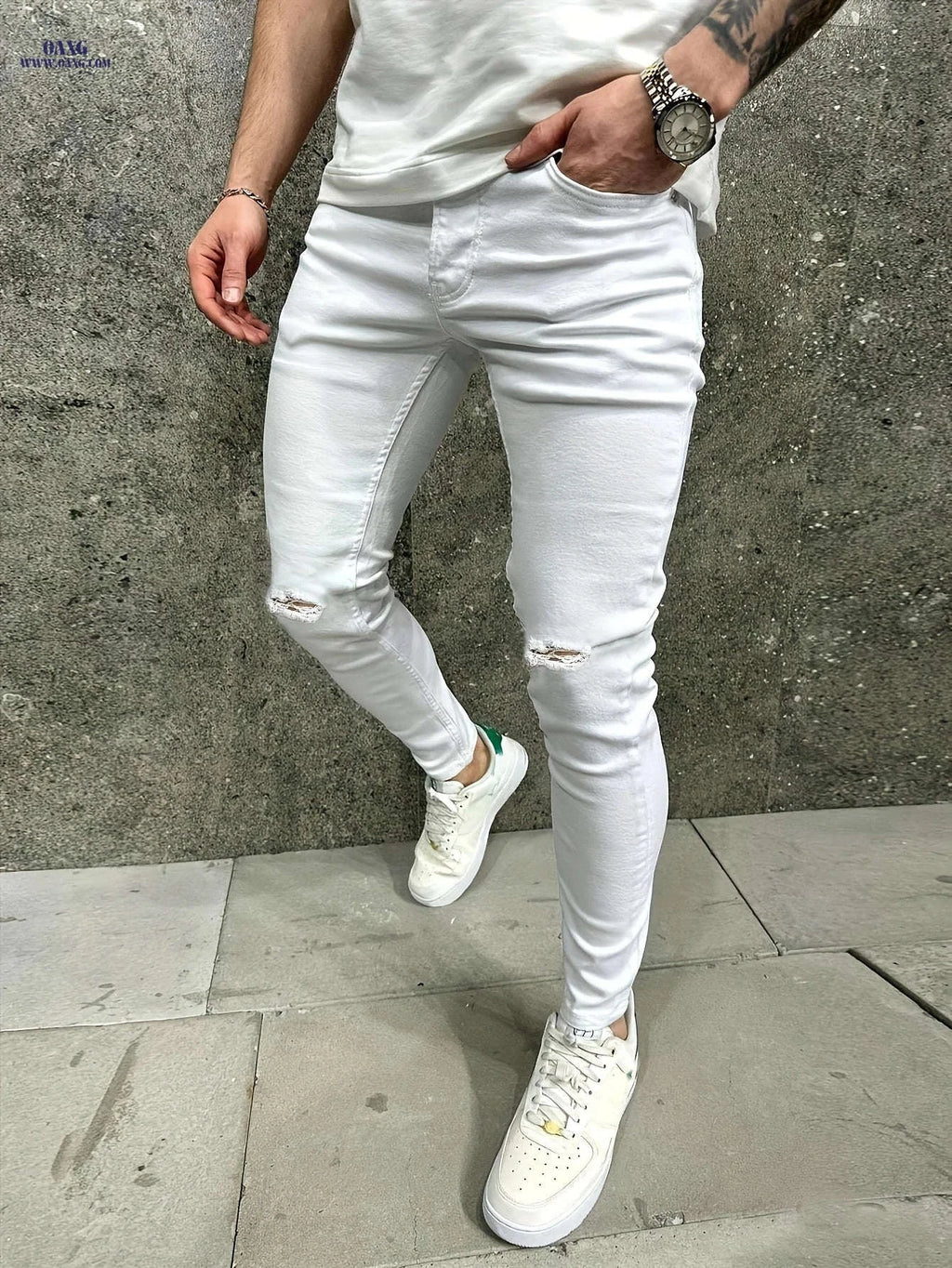 Men's Casual Stretch Slim-Fit White Jeans - All-Season Comfort Fit   OAXG 
