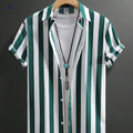 Men's Casual Striped Button-Up Shirt - Soft Polyester, Machine Washable   OAXG Green Stripes / FR S