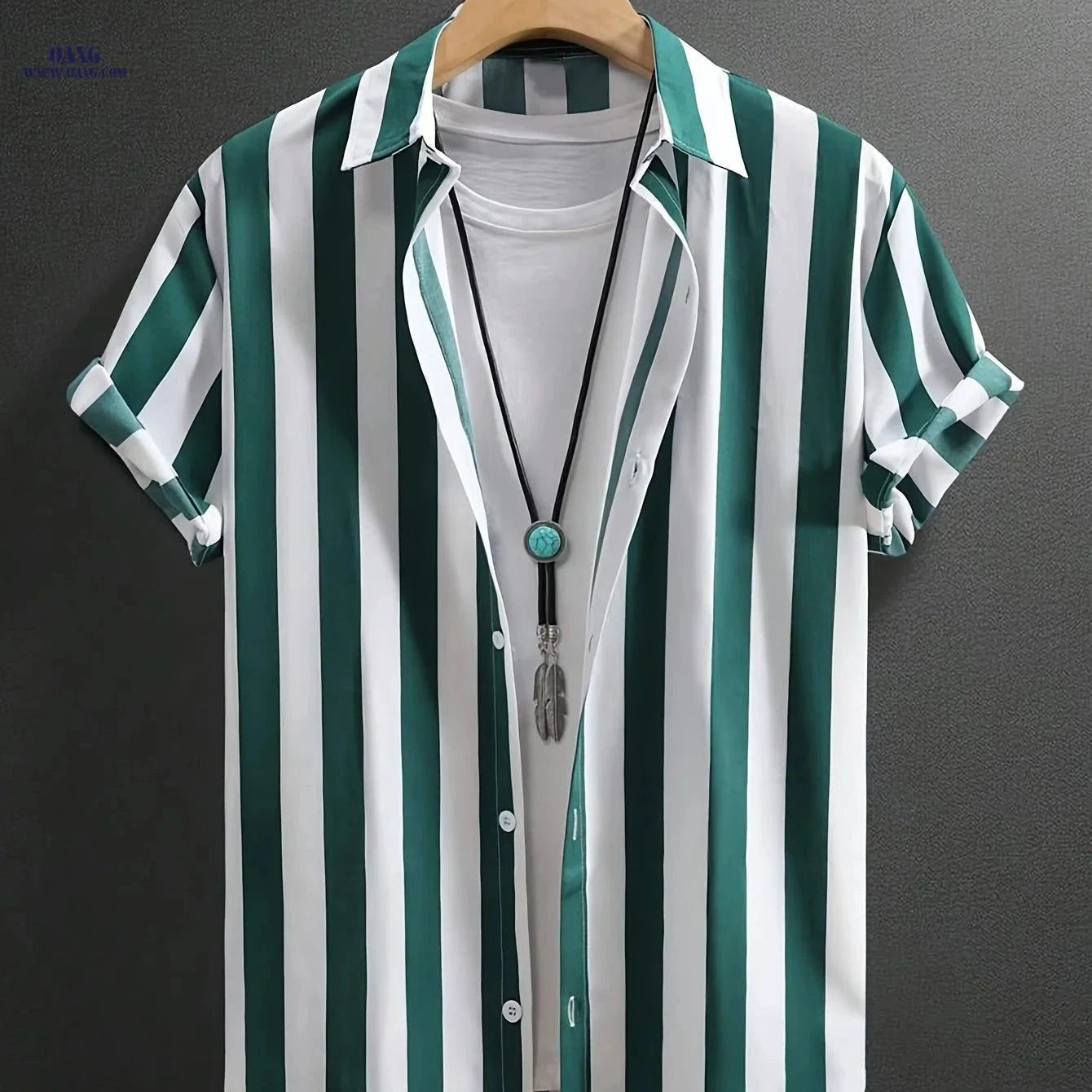 Men's Casual Striped Button-Up Shirt - Soft Polyester, Machine Washable   OAXG Green Stripes / FR S