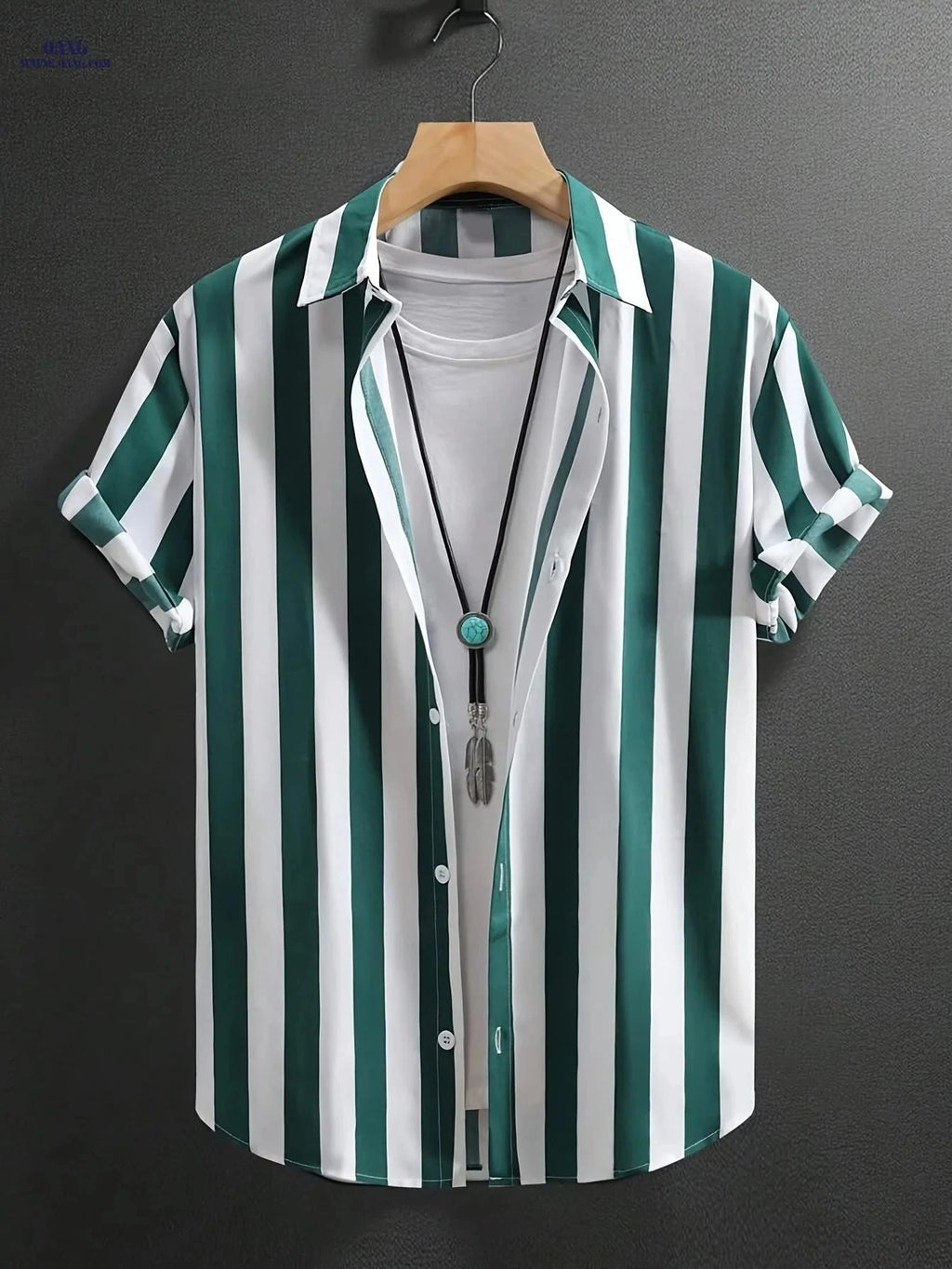 Men's Casual Striped Button-Up Shirt - Soft Polyester, Machine Washable   OAXG Green Stripes / FR S