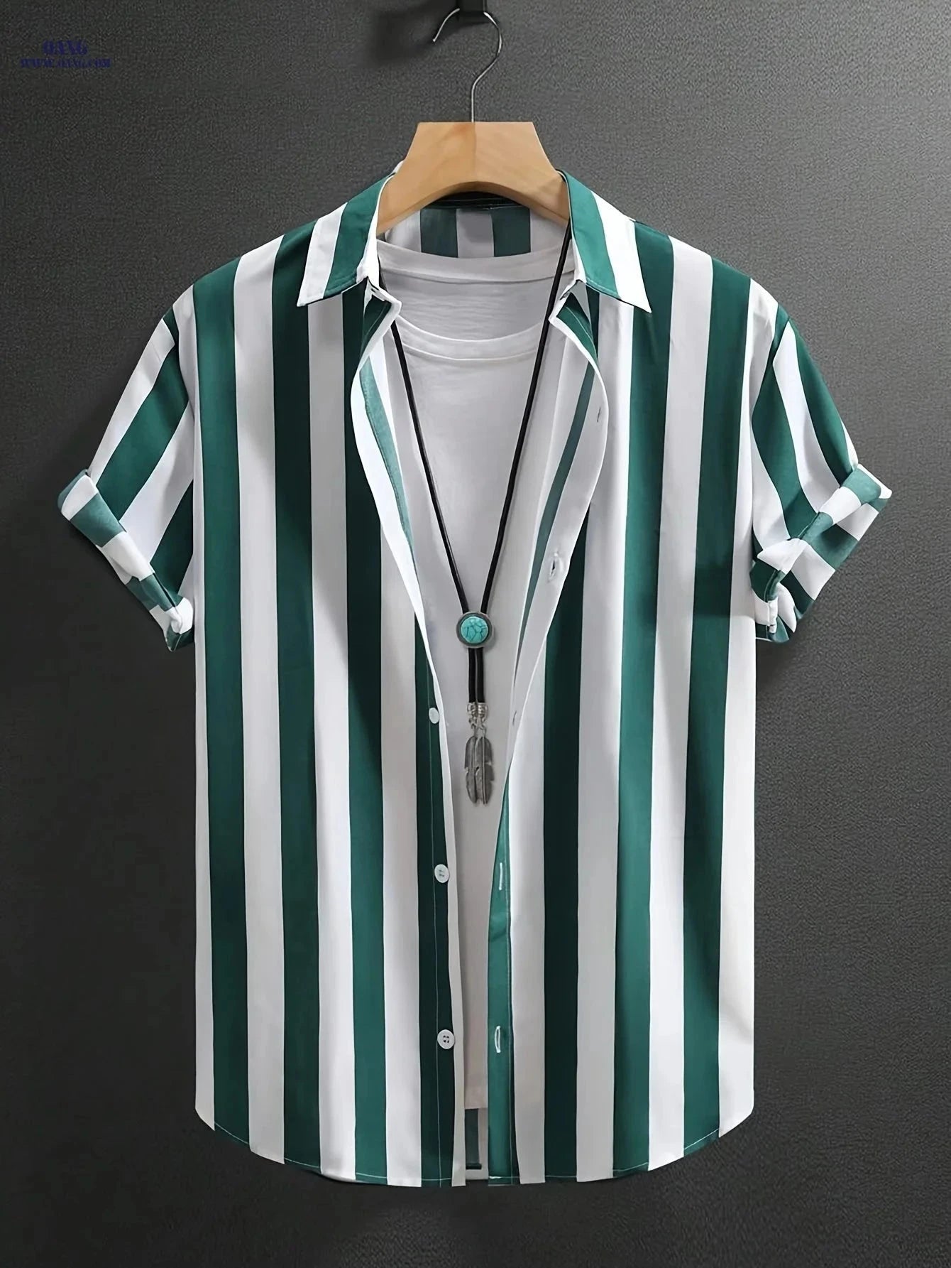 Men's Casual Striped Button-Up Shirt - Soft Polyester, Machine Washable   OAXG Green Stripes / FR S
