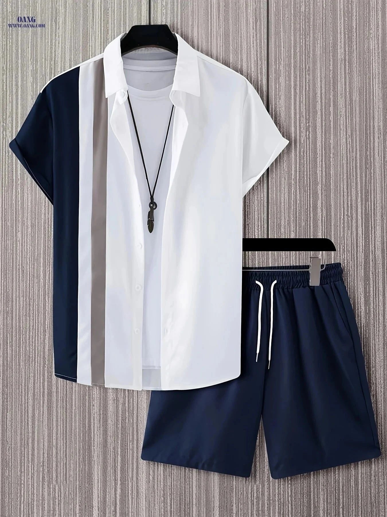 Men's Casual Striped Short Sleeve Shirt & Drawstring Shorts Set   OAXG Black / FR S