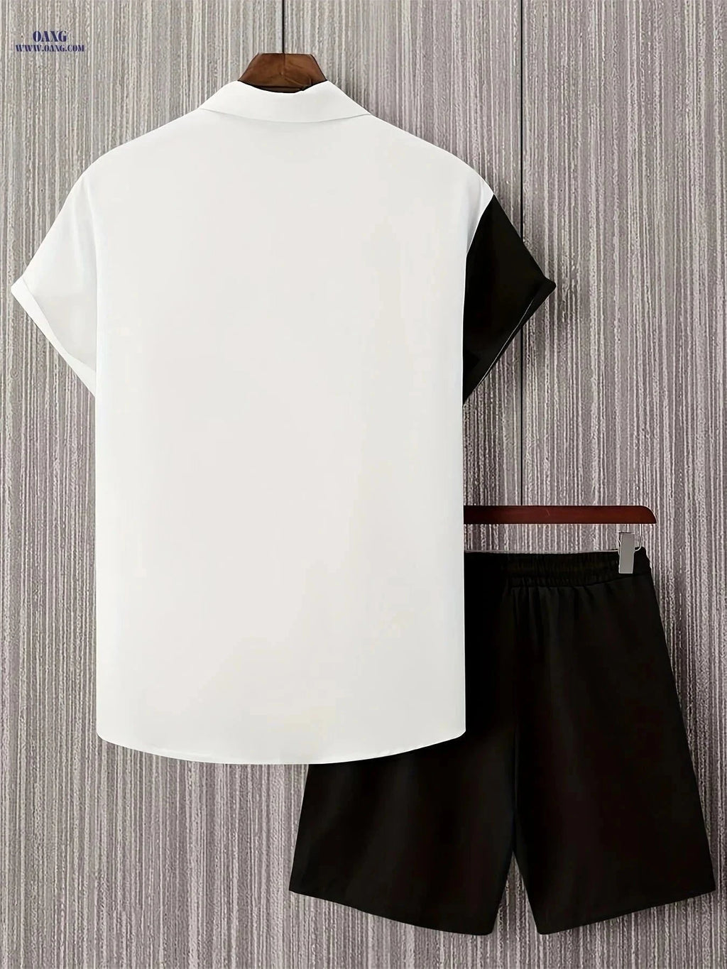 Men's Casual Striped Short Sleeve Shirt & Drawstring Shorts Set   OAXG Black / FR S