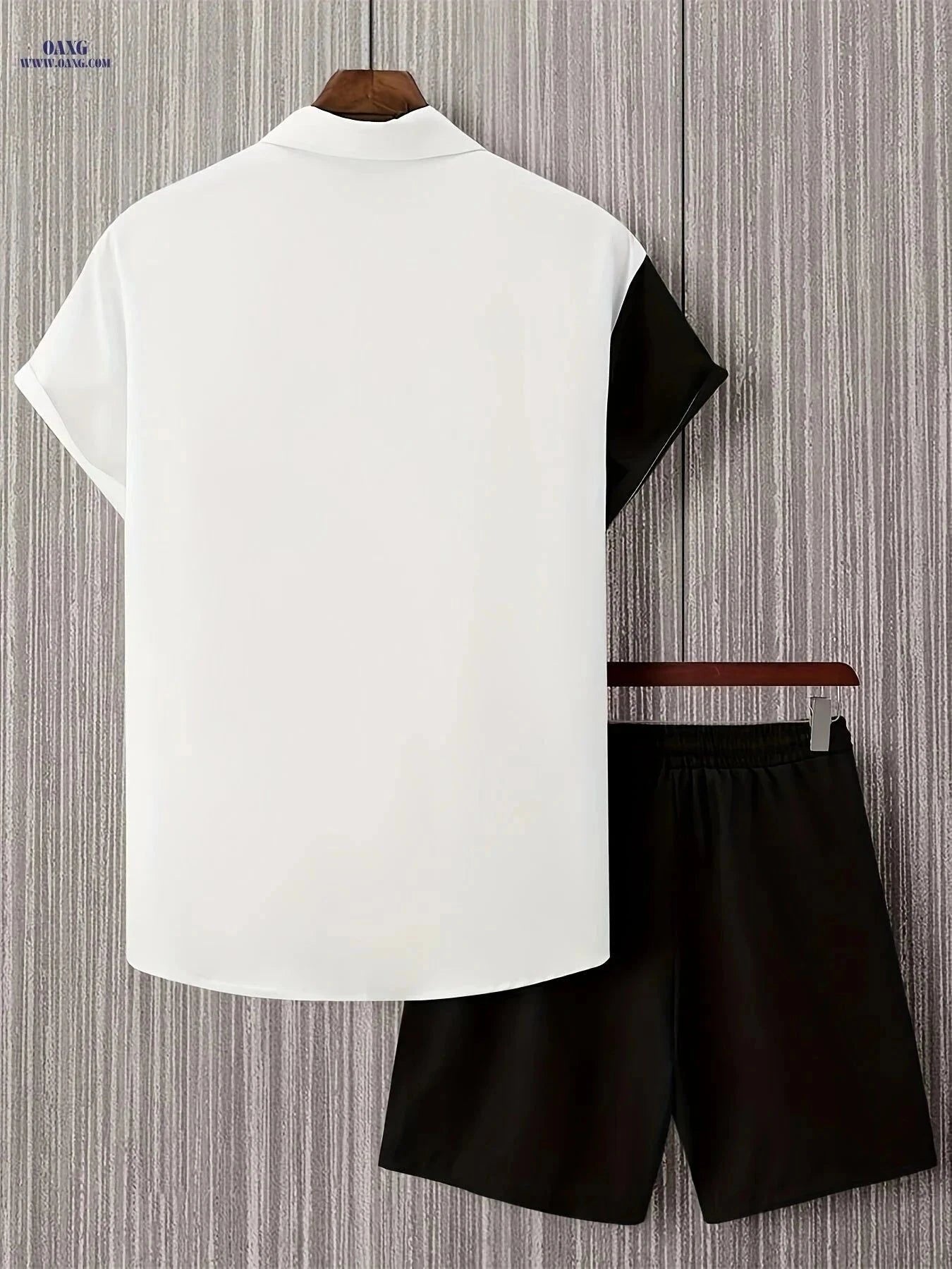 Men's Casual Striped Short Sleeve Shirt & Drawstring Shorts Set   OAXG Black / FR S