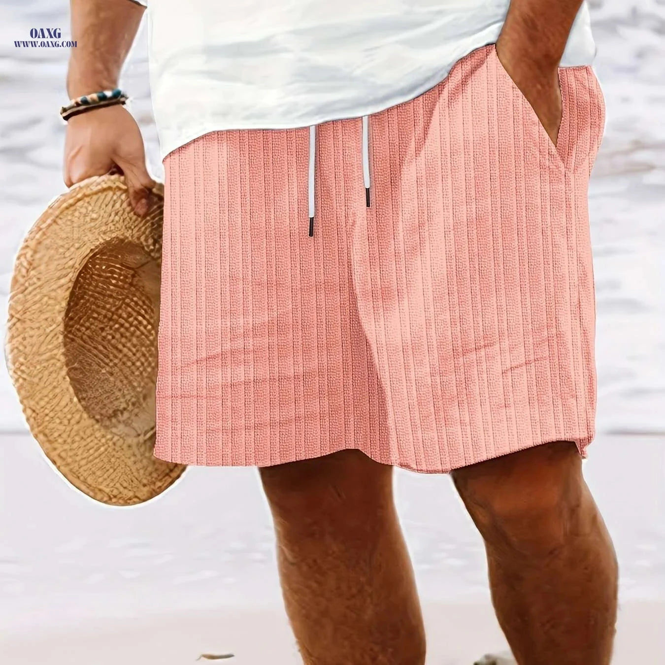 Men's Casual Striped Shorts - Non-Stretch Fabric, Pocket Detail   OAXG 