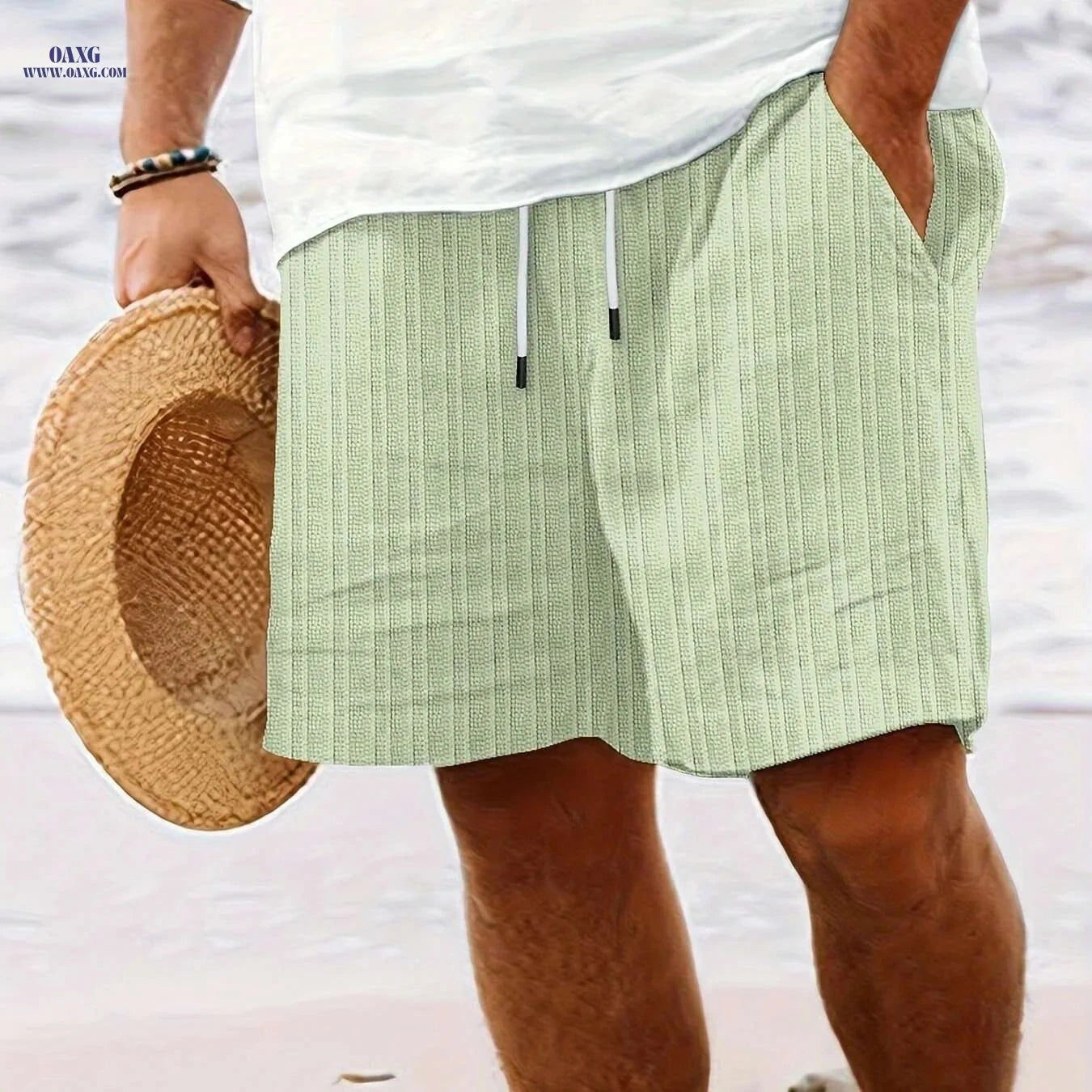 Men's Casual Striped Shorts - Non-Stretch Fabric, Pocket Detail   OAXG 