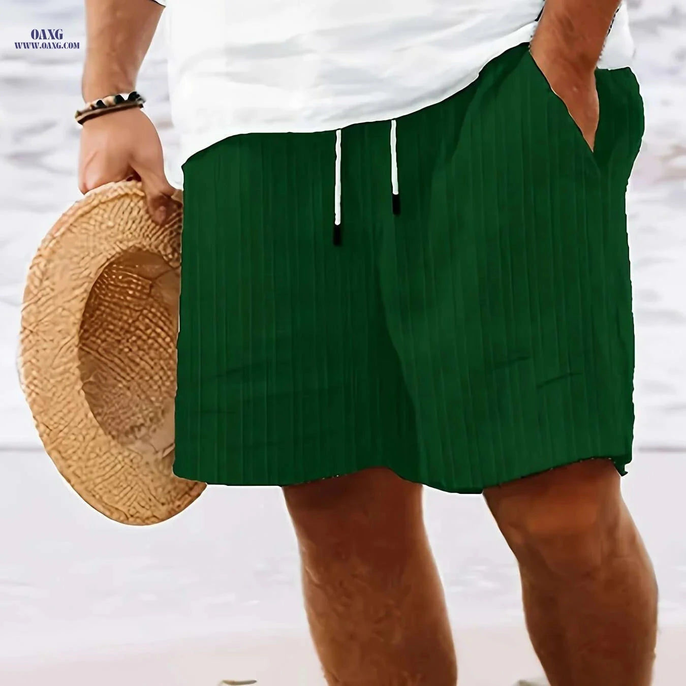 Men's Casual Striped Shorts - Non-Stretch Fabric, Pocket Detail   OAXG Orange / S