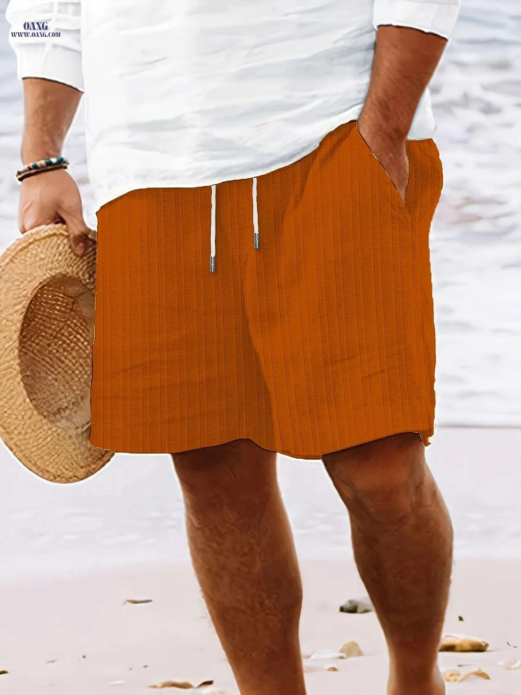 Men's Casual Striped Shorts - Non-Stretch Fabric, Pocket Detail   OAXG Orange / S