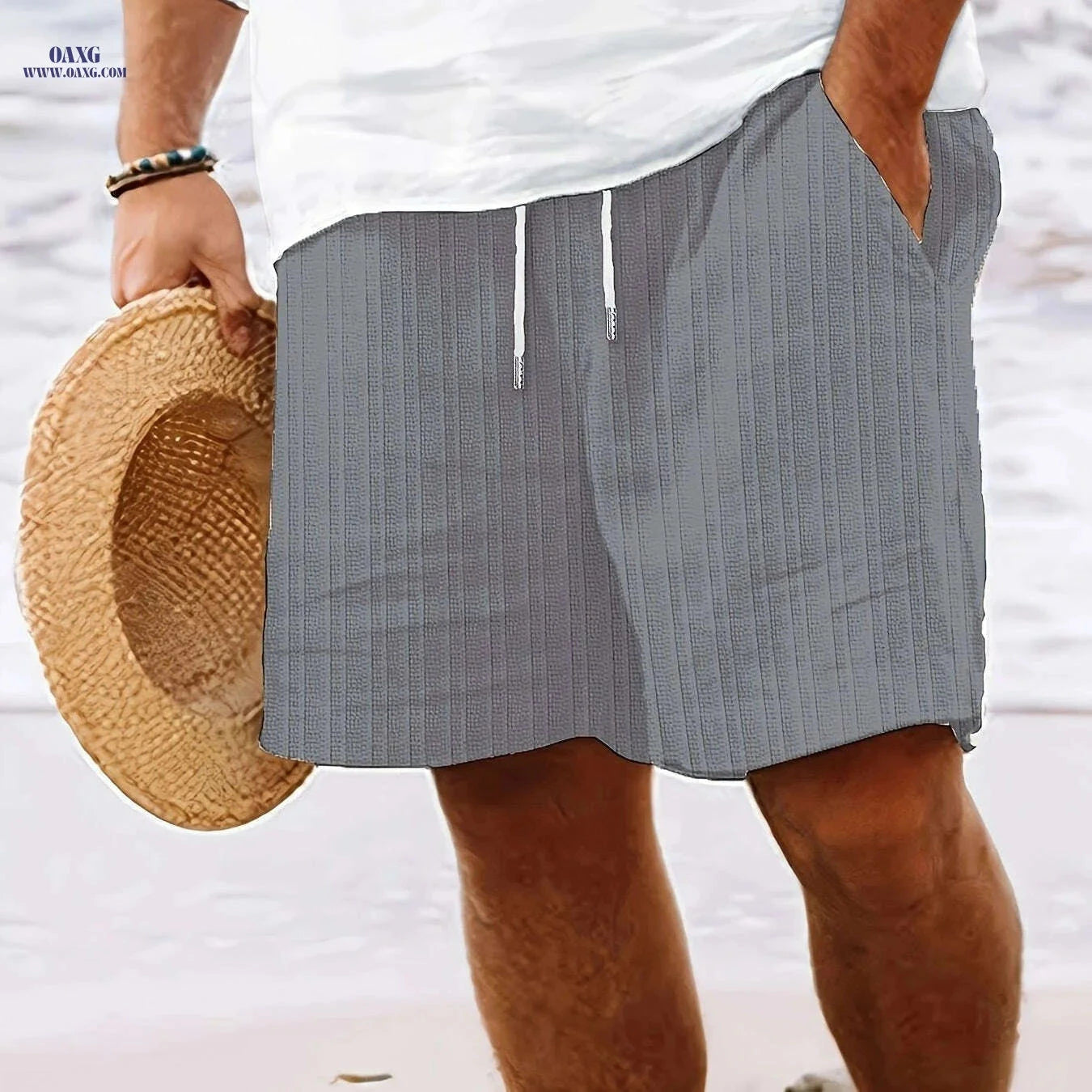 Men's Casual Striped Shorts - Non-Stretch Fabric, Pocket Detail   OAXG Orange / S