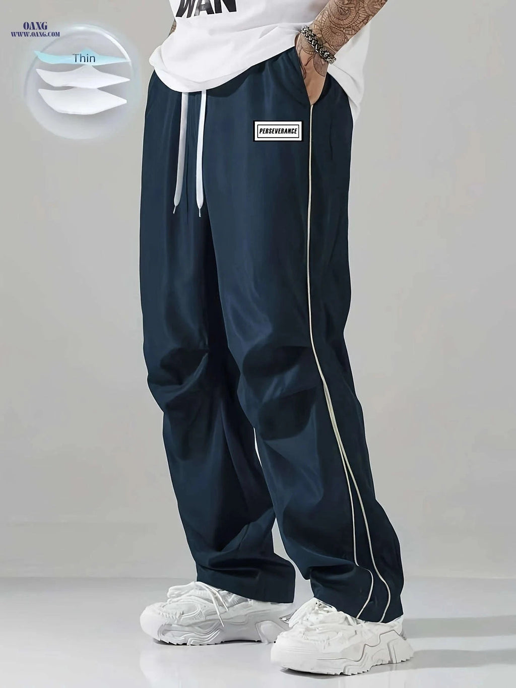 Men's Casual Striped Sports Long Pants - Loose High Street Fit   OAXG Black / FR S