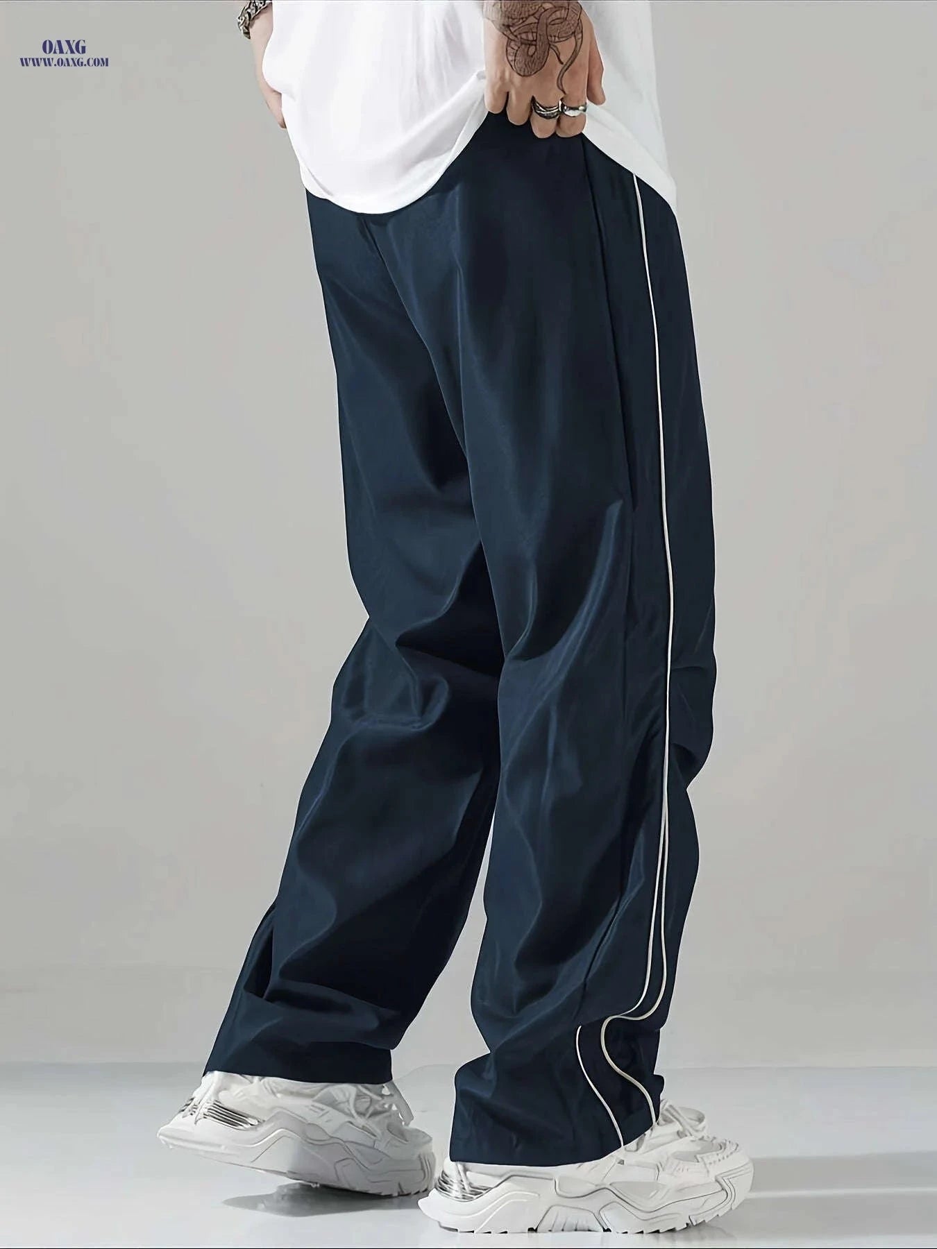 Men's Casual Striped Sports Long Pants - Loose High Street Fit   OAXG Black / FR S