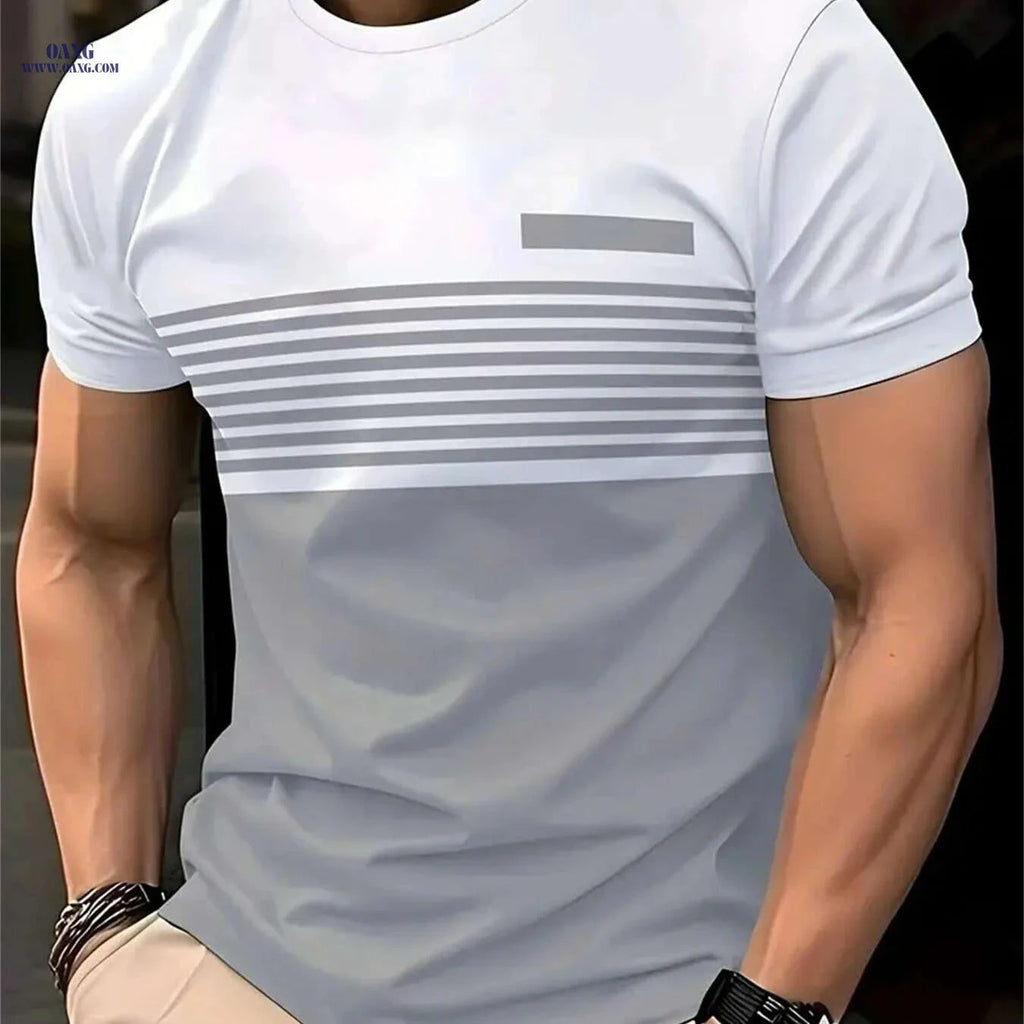 Men's Casual Striped T-Shirt - Lightweight Asymmetrical Color Block Design   OAXG 