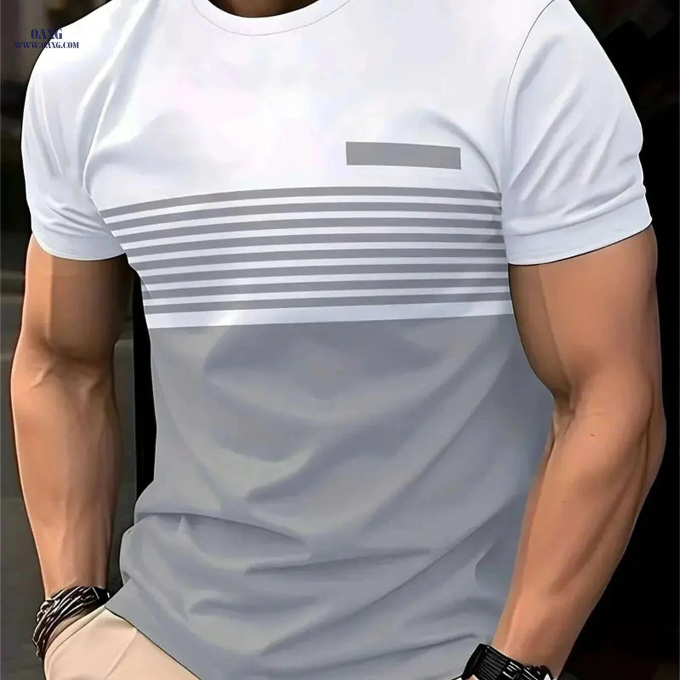 Men's Casual Striped T-Shirt - Lightweight Asymmetrical Color Block Design   OAXG 