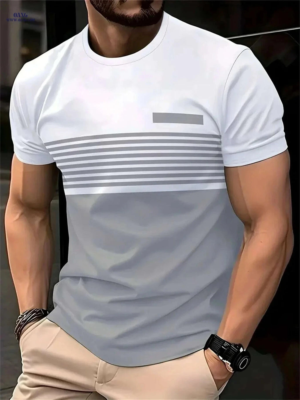 Men's Casual Striped T-Shirt - Lightweight Asymmetrical Color Block Design   OAXG 
