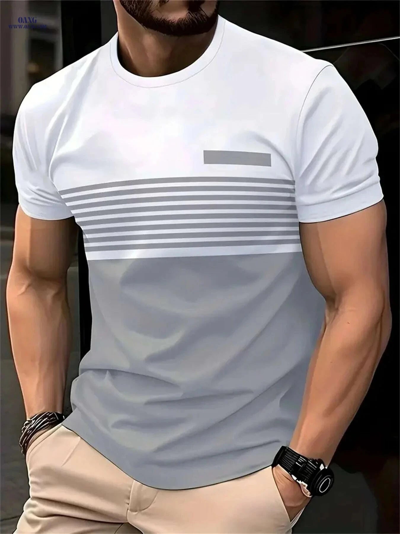 Men's Casual Striped T-Shirt - Lightweight Asymmetrical Color Block Design   OAXG 