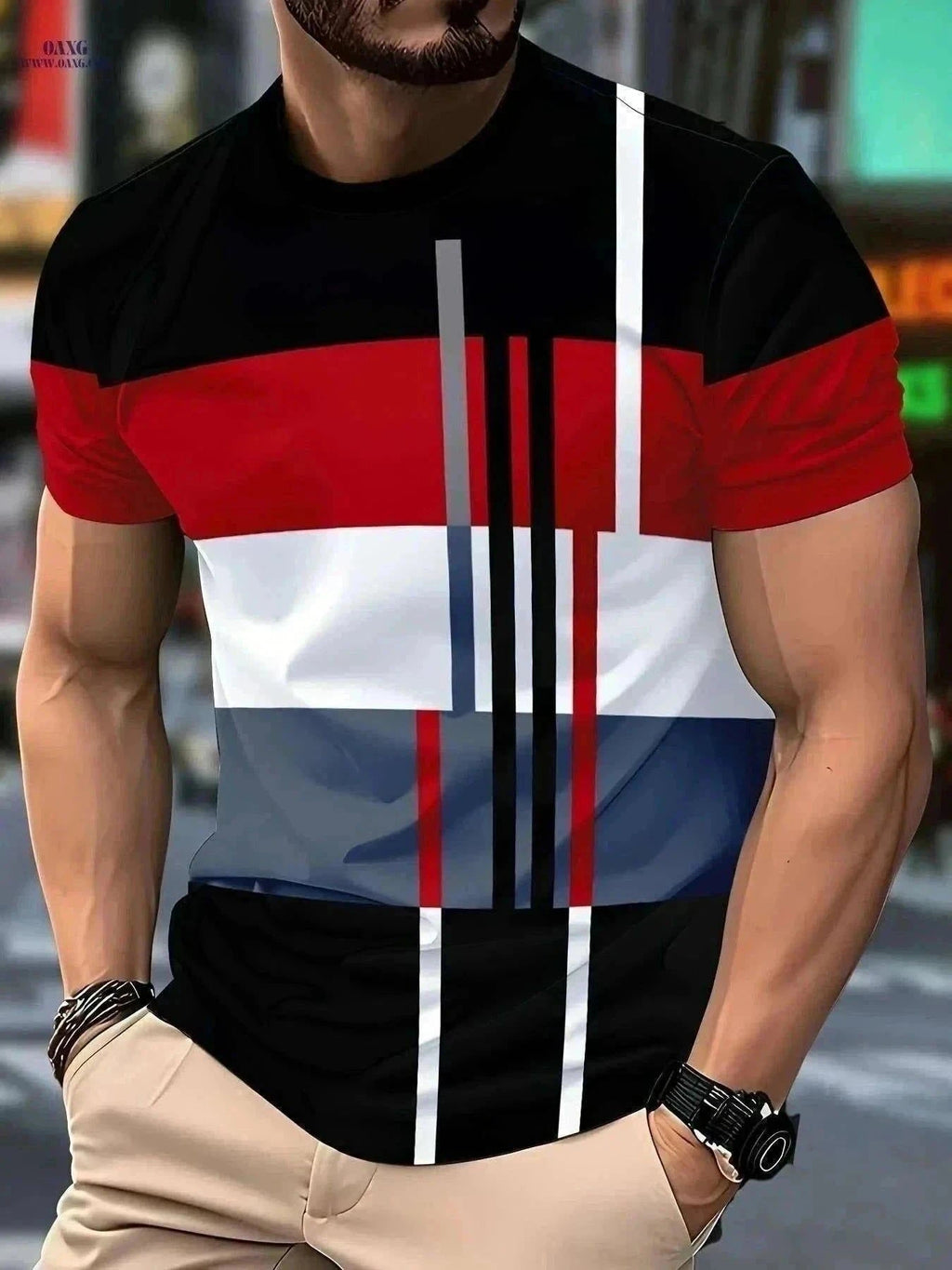 Men’s Casual Striped T-Shirt - Lightweight, Short Sleeve Comfort   OAXG Red / S