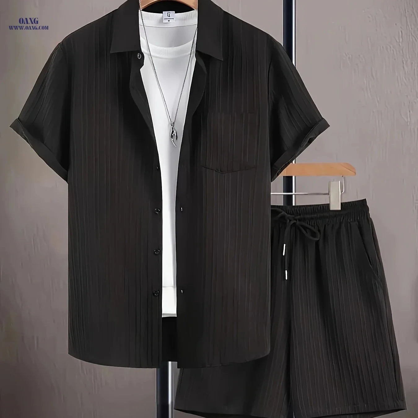 Men's Casual Suit Set - Short Sleeve Shirt & Drawstring Shorts   OAXG 