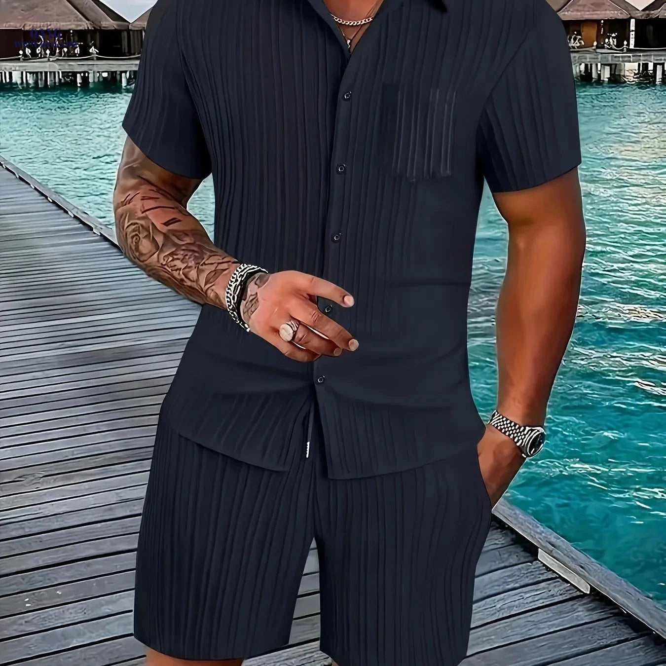 Men's Casual Suit Set - Short Sleeve Shirt & Drawstring Shorts   OAXG 
