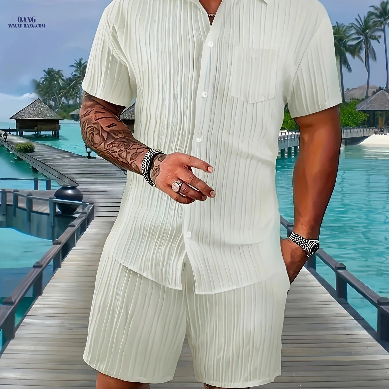 Men's Casual Suit Set - Short Sleeve Shirt & Drawstring Shorts   OAXG 